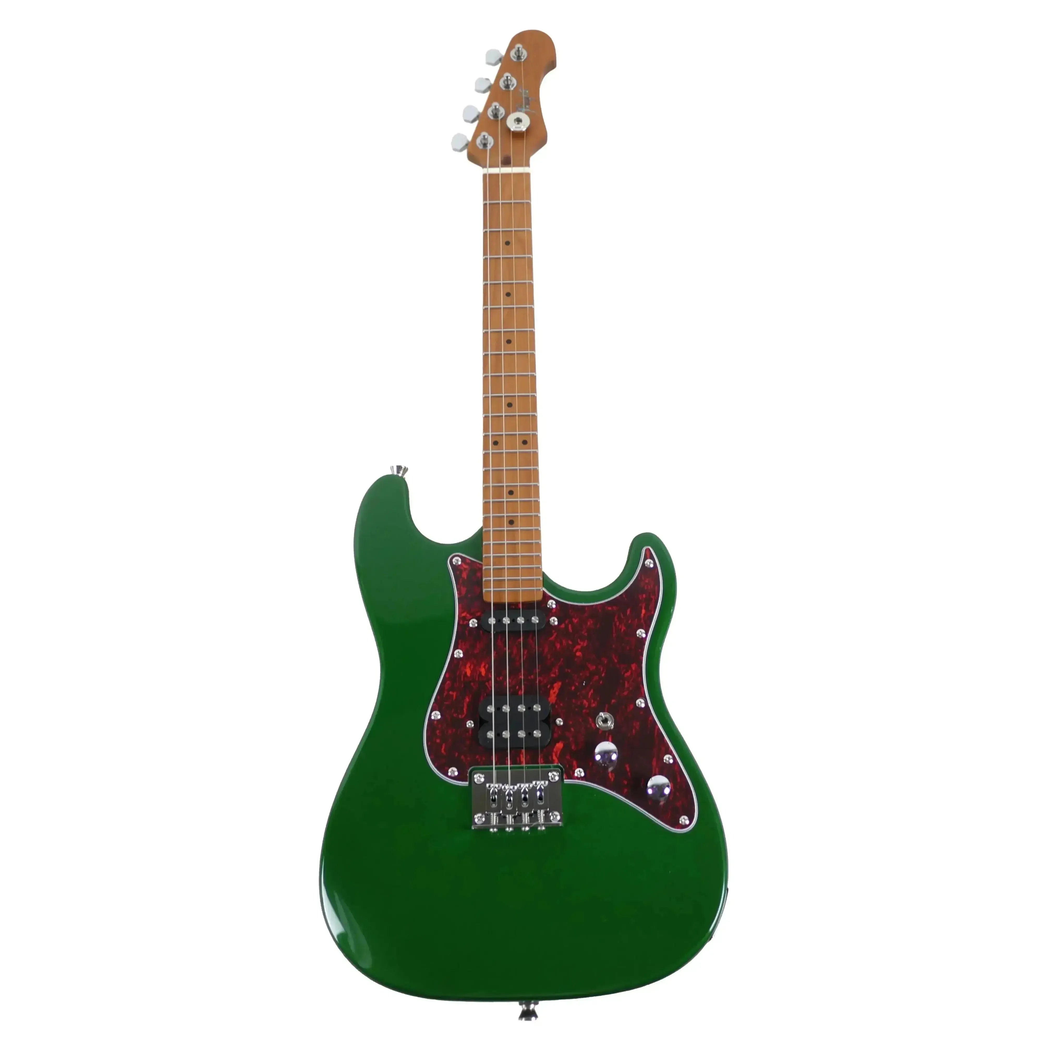 Flight Pathfinder BRG Green Solid Body Electric Baritone Ukulele with red pickguard and maple neck.