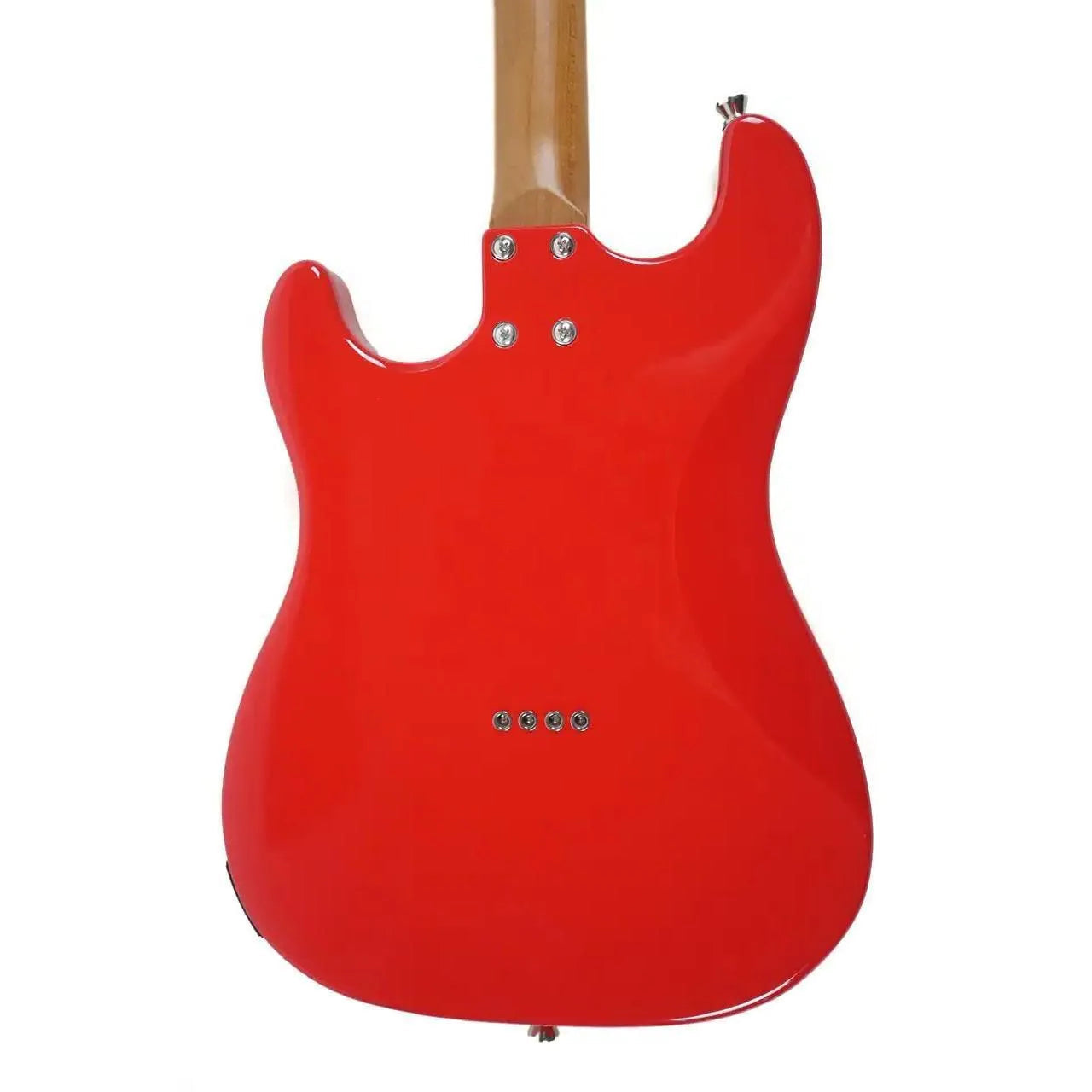 Back of a red Flight Pathfinder RD solid body electric baritone ukulele with a natural wood neck.