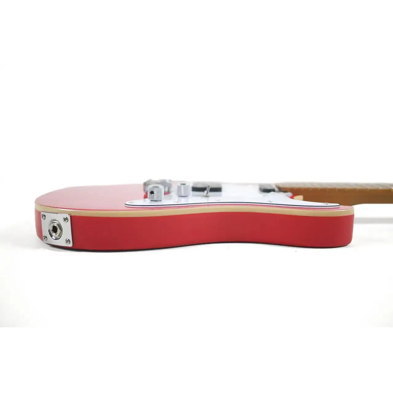 Side view of a Flight Pathfinder RD Red Solid Body Electric Baritone Ukulele, showing its vibrant red finish and output jack.
