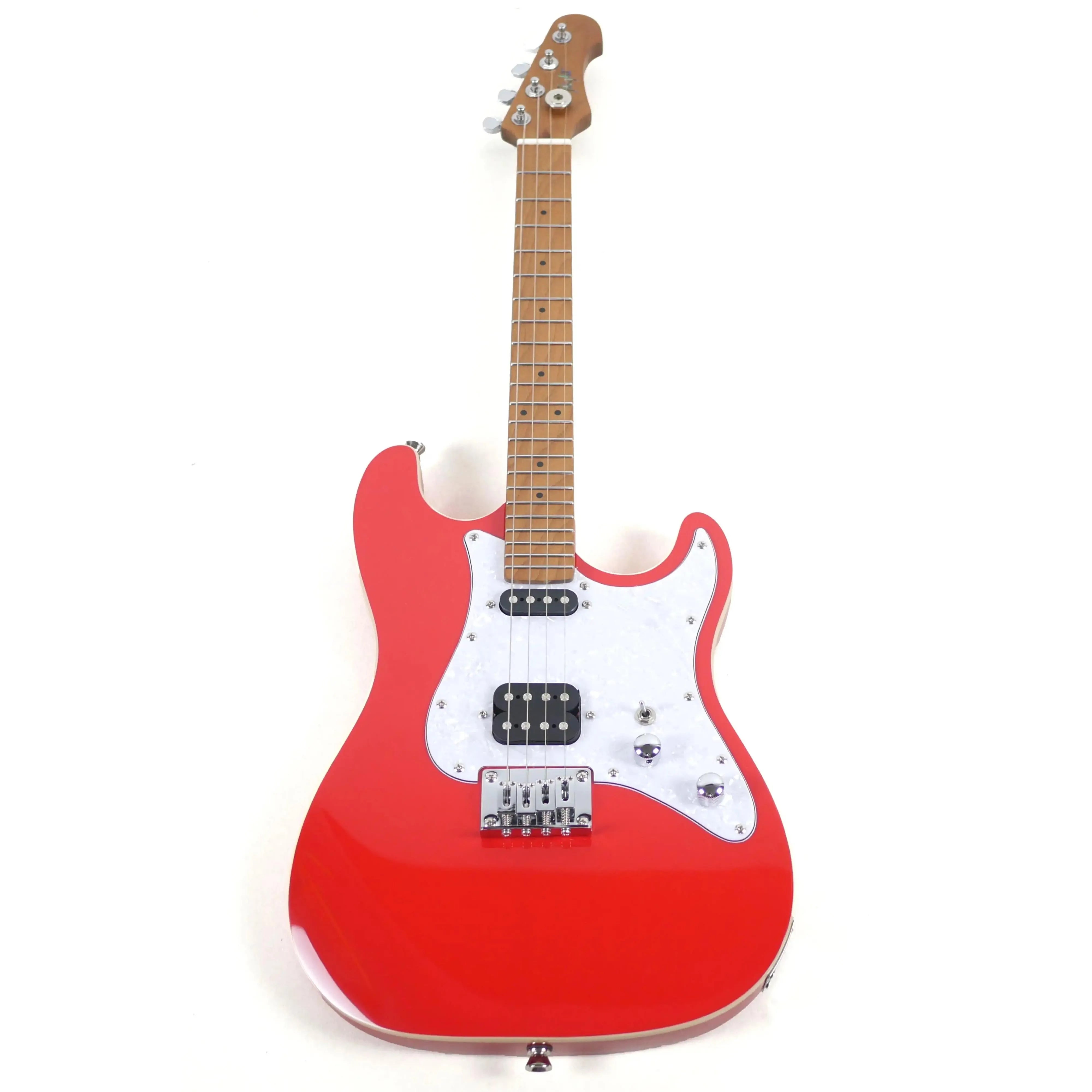 Flight Pathfinder RD Red Solid Body Electric Baritone Ukulele with white pickguard and roasted maple neck.