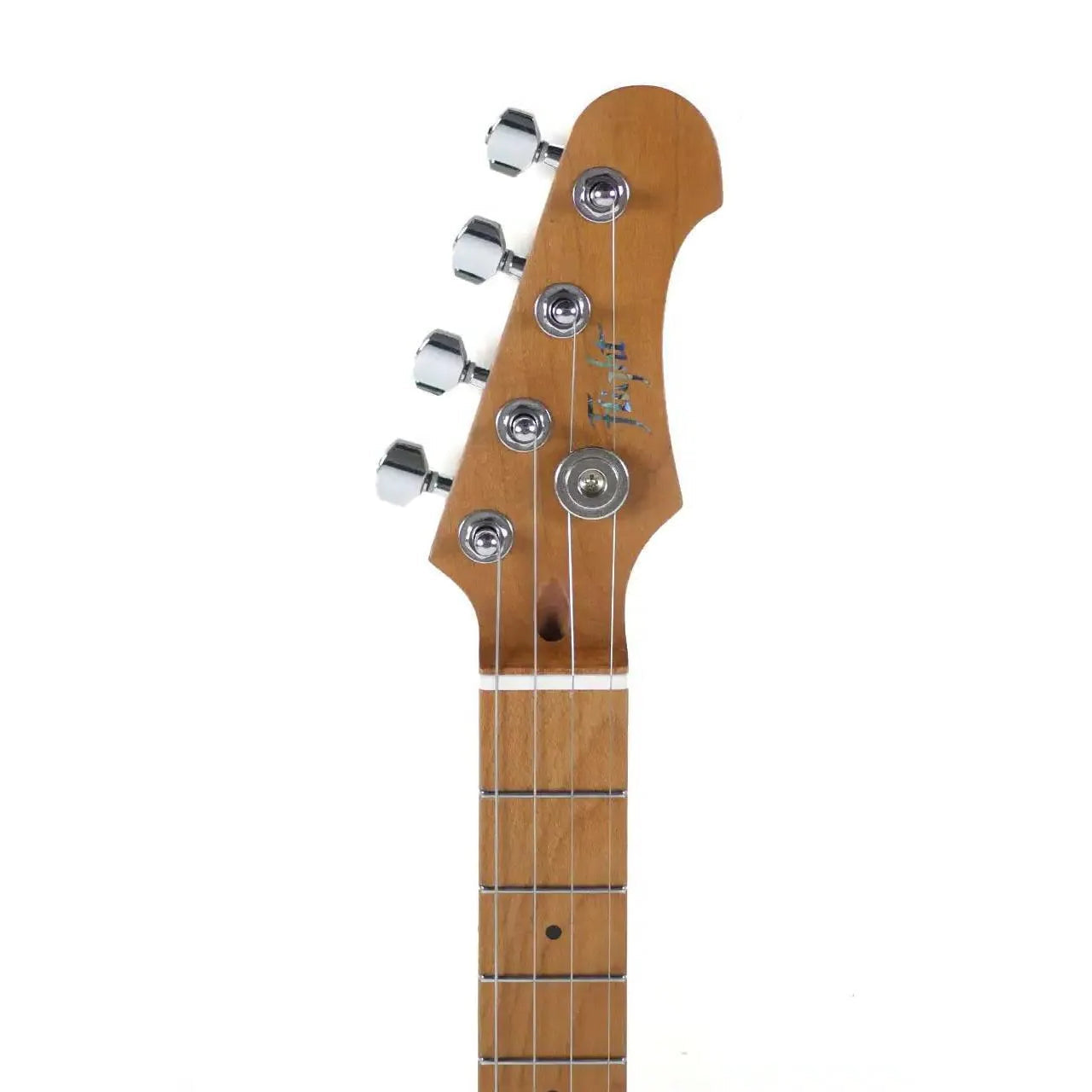 Flight Pathfinder RD electric baritone ukulele headstock with roasted maple neck, chrome tuners, and "Flight" logo.