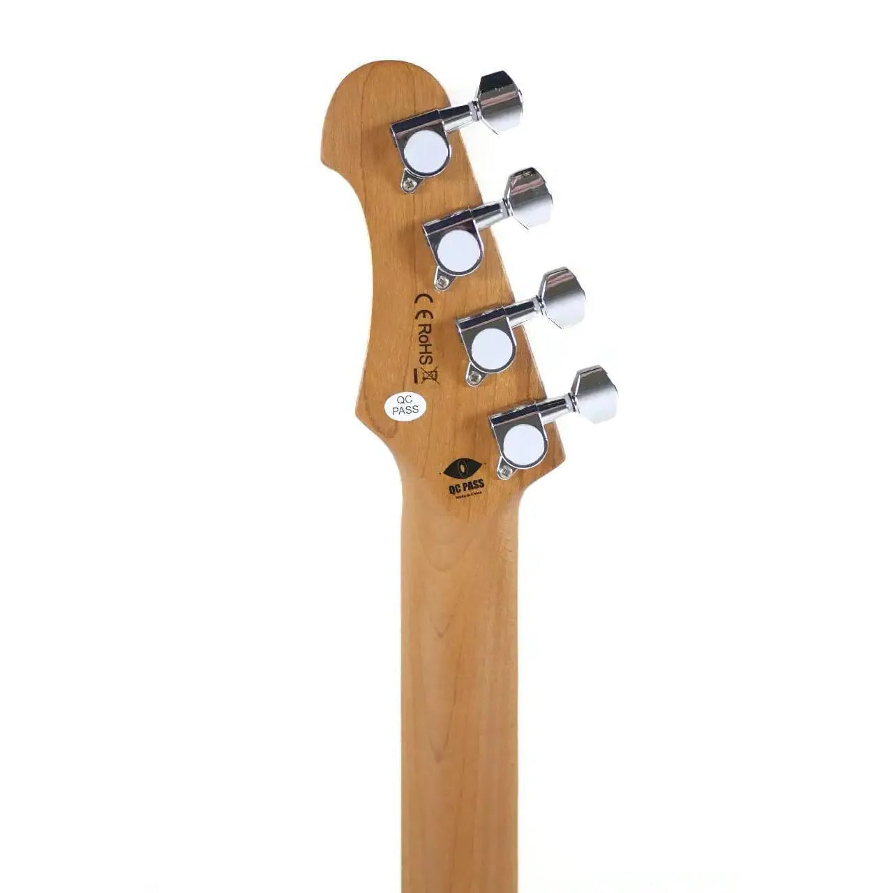 Back of Flight Pathfinder RD Electric Baritone Ukulele headstock with four chrome tuning pegs on natural wood.