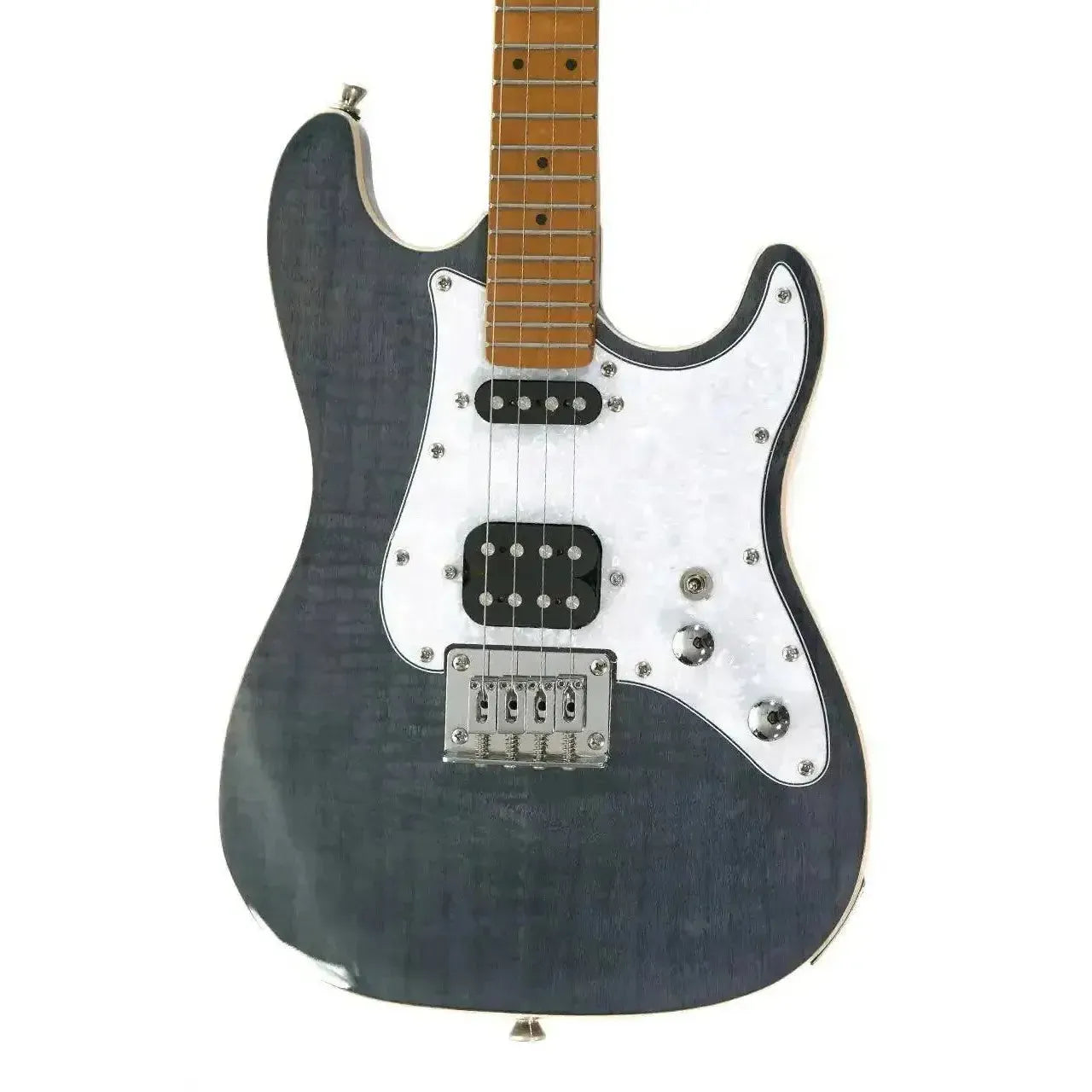 Flight Pathfinder TBK transparent black electric tenor ukulele with white pickguard and roasted maple neck.