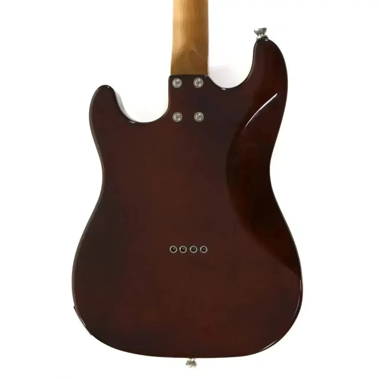 Back of a Flight Pathfinder TBK Transparent Black solid body electric tenor ukulele.