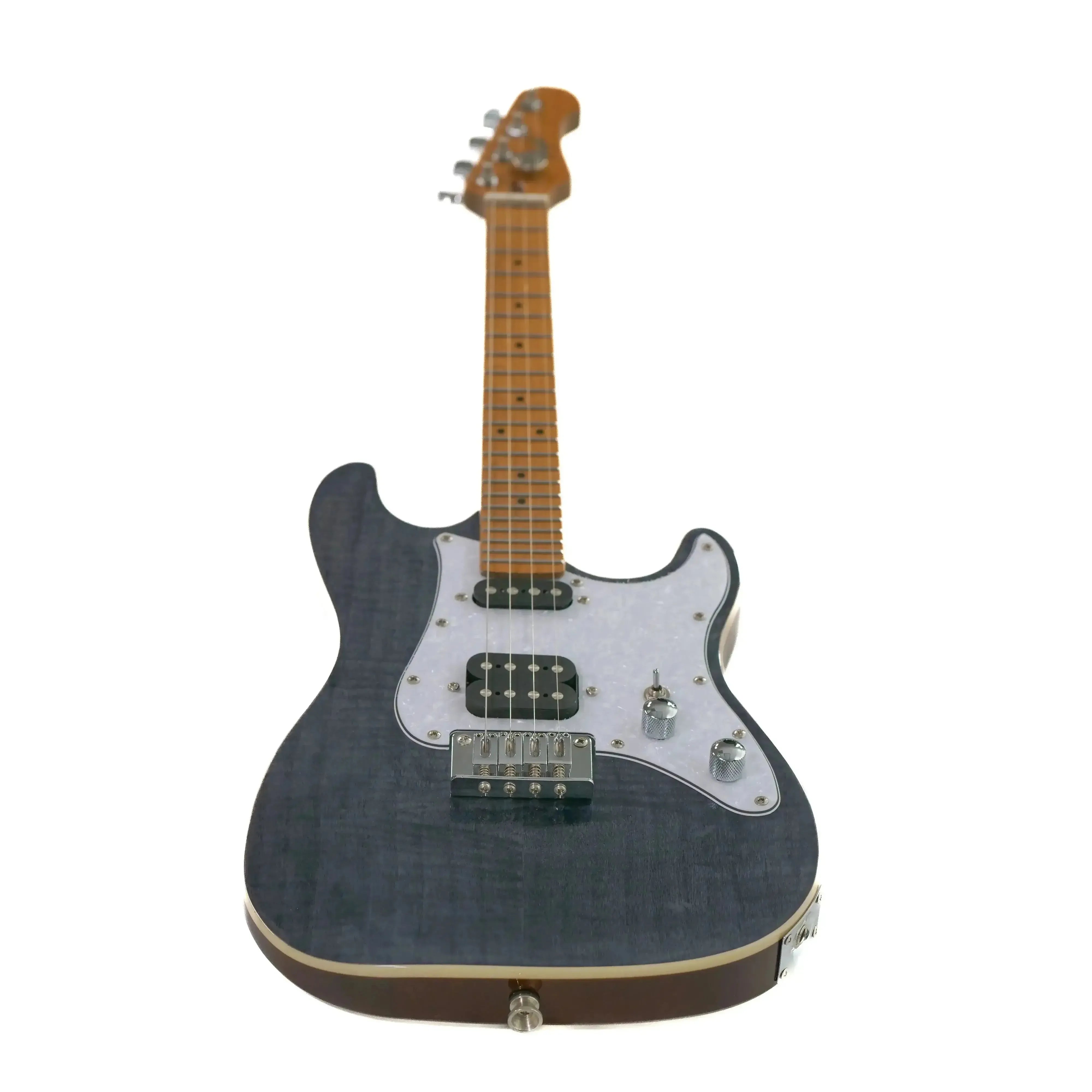 Flight Pathfinder TBK transparent black solid body electric tenor ukulele with white pickguard.