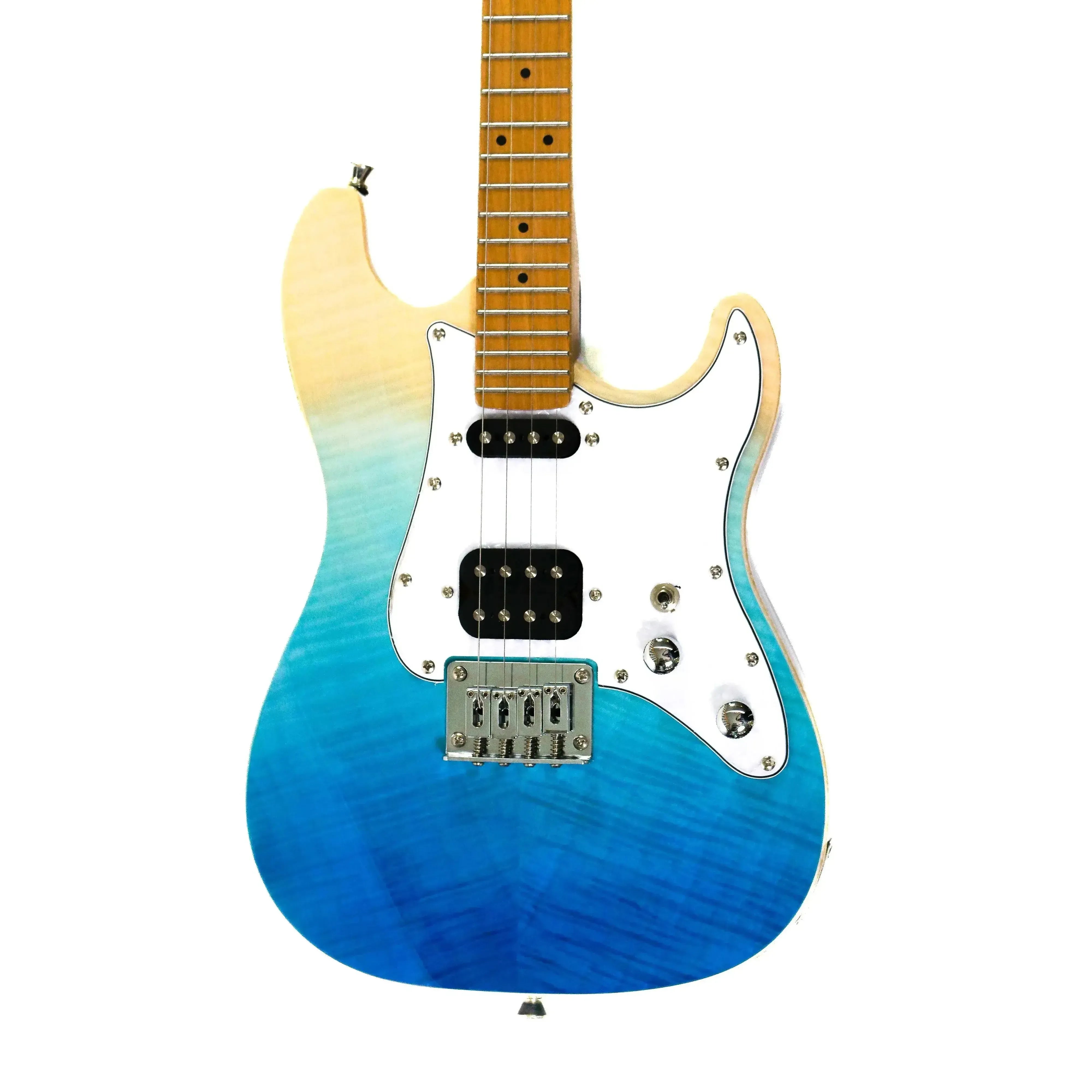Flight Pathfinder TBL electric tenor ukulele with transparent blue gradient body, white pickguard, and roasted maple neck.