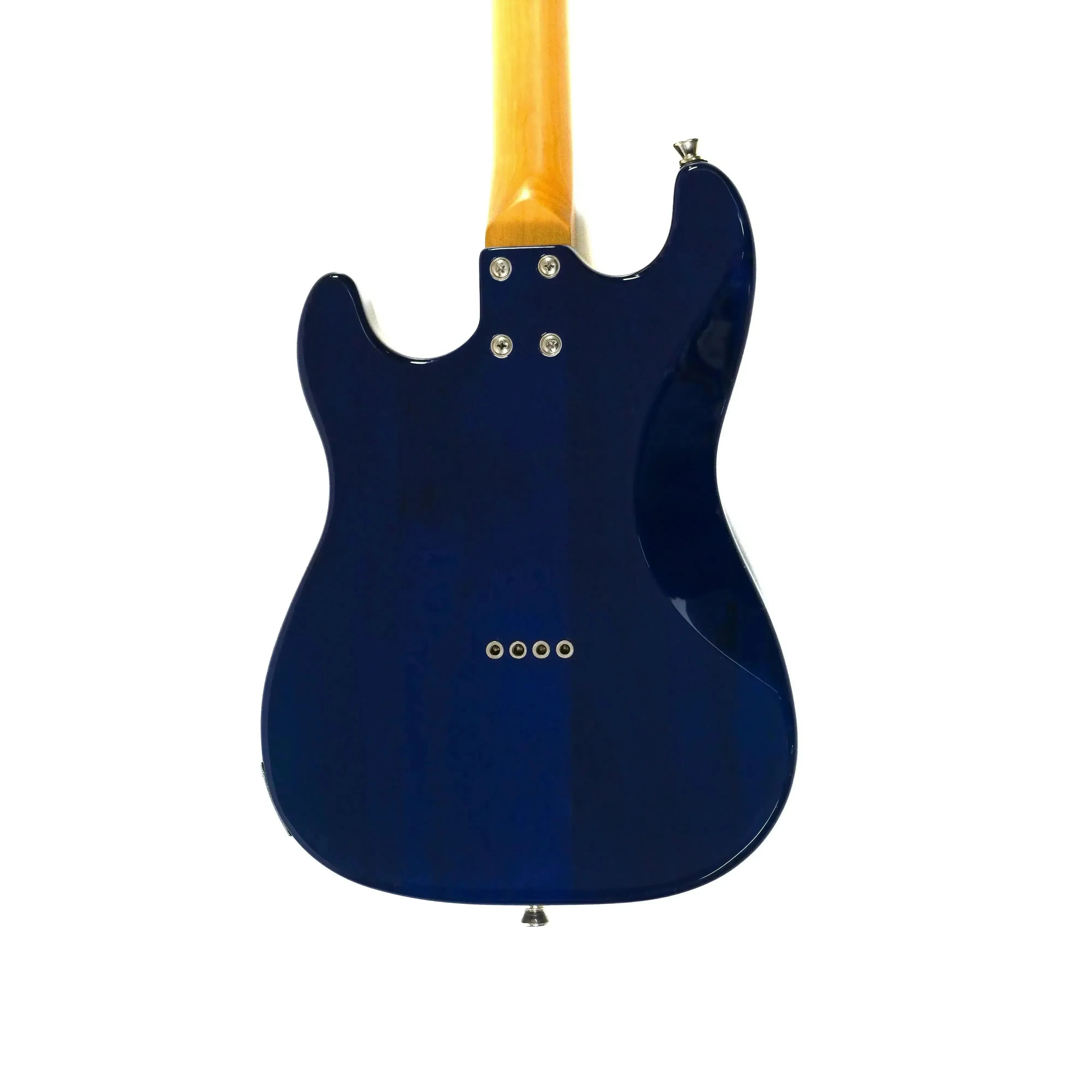 Back of a Flight Pathfinder TBL Transparent Blue solid body electric tenor ukulele with a roasted maple neck.