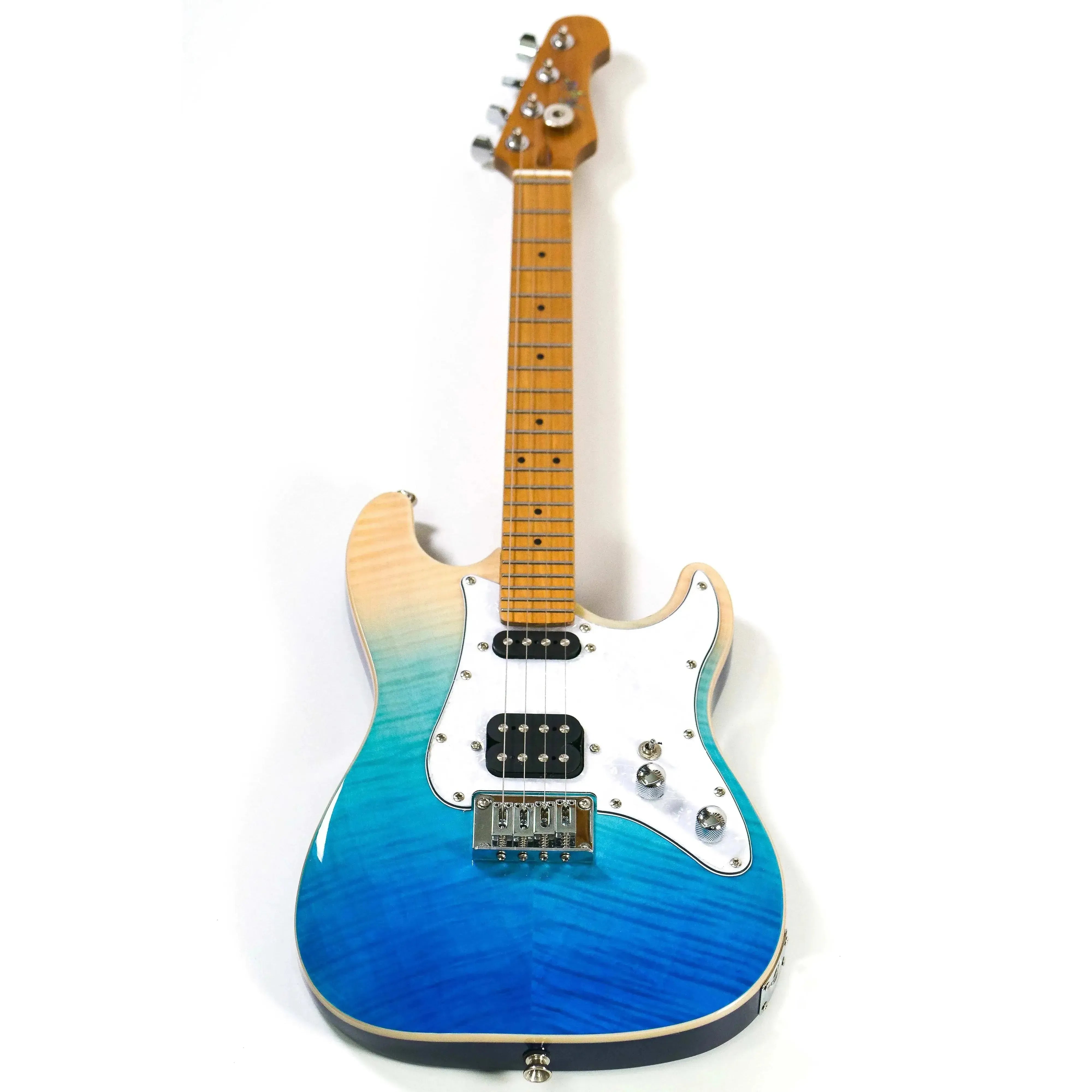 Flight Pathfinder TBL electric tenor ukulele with transparent blue gradient body, white pickguard, and roasted maple neck.