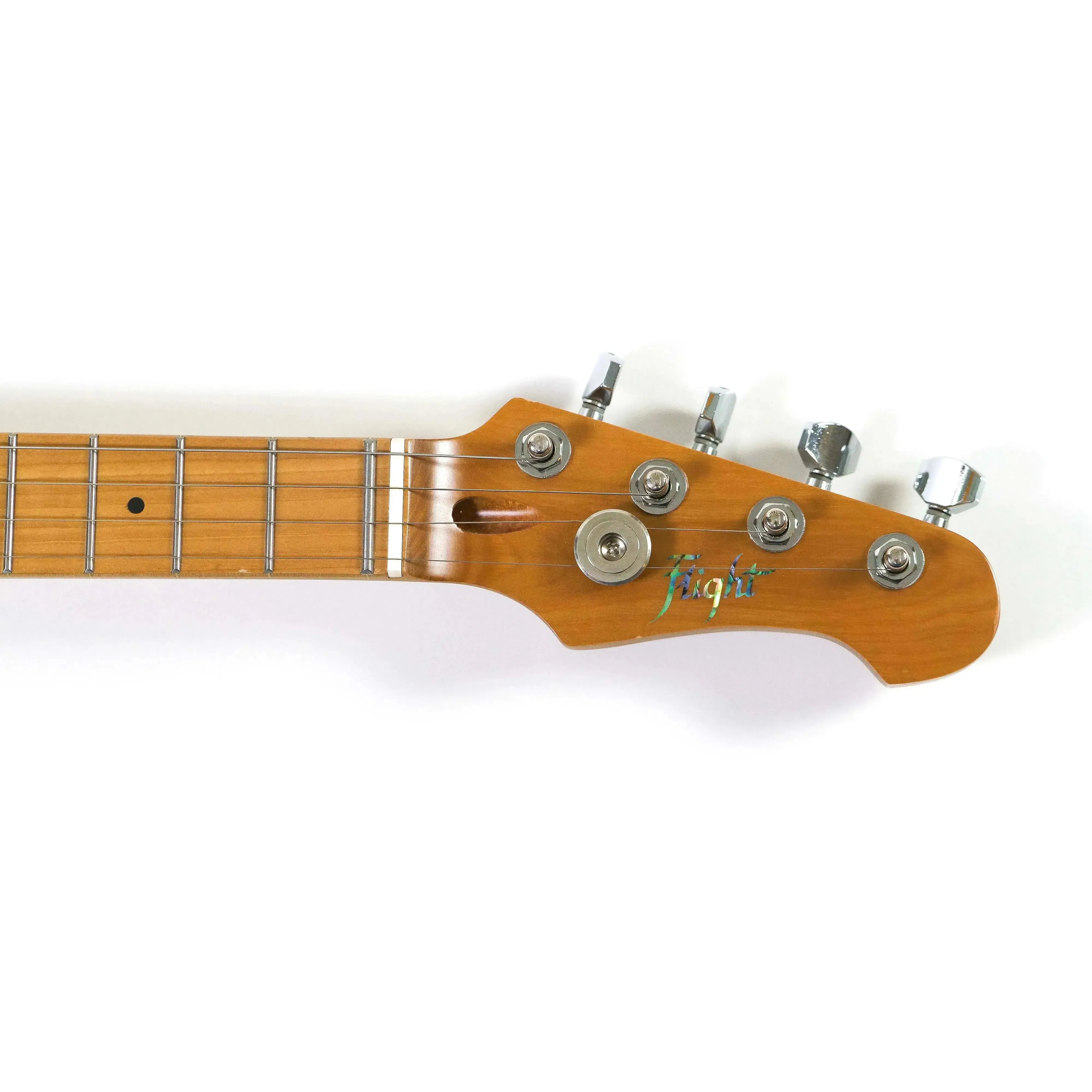 Flight Pathfinder TBL electric tenor ukulele headstock with roasted maple neck and chrome tuners.