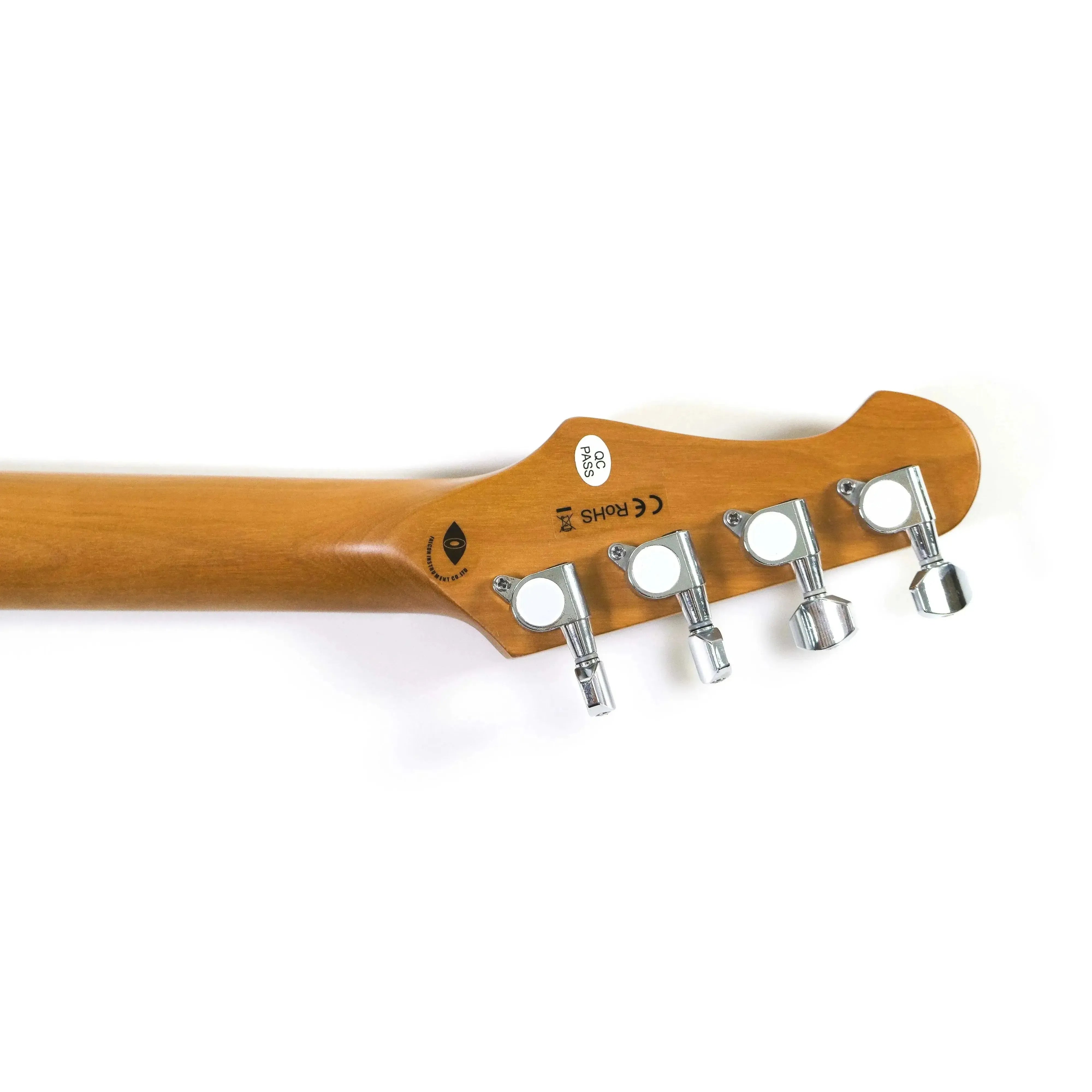 Back of Flight Pathfinder TBL electric tenor ukulele headstock with roasted maple neck and chrome tuners.