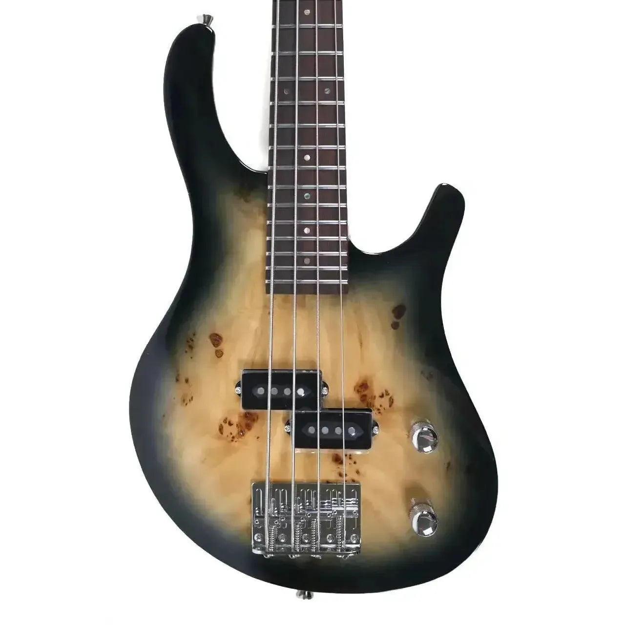 Flight PBR Poplar Burl Mini Bass with dark green burst finish, two P-style pickups, and chrome hardware.