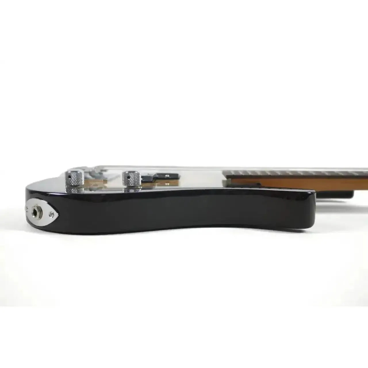 Side view of Flight PBR Mini Bass with black body, chrome hardware, and input jack.