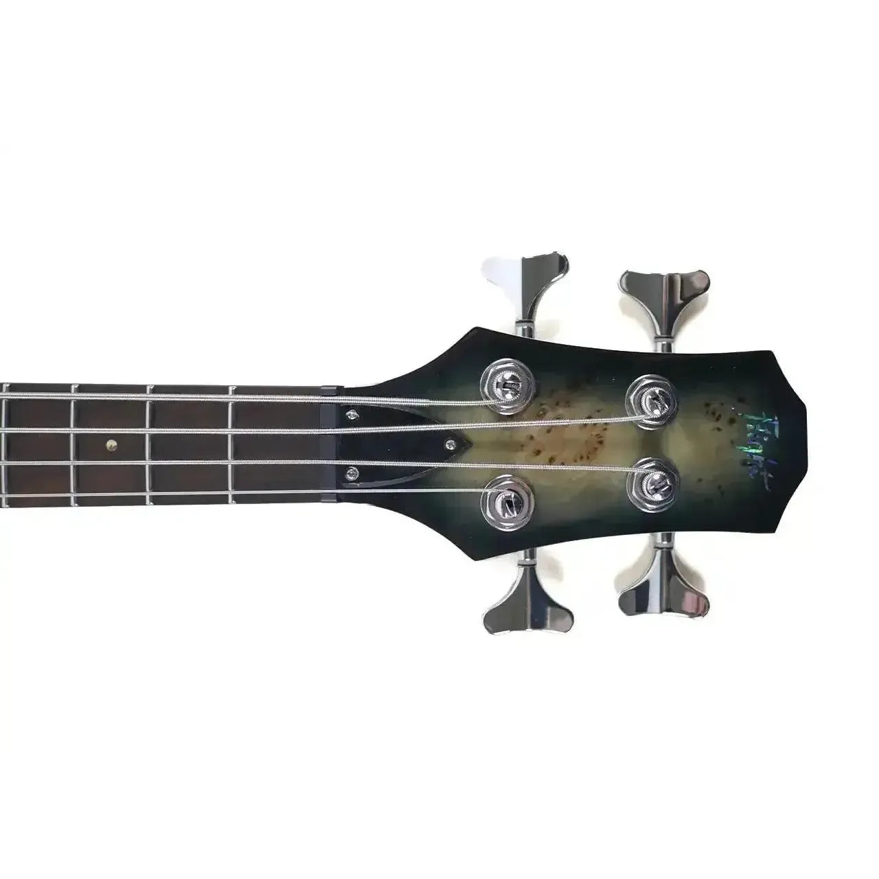 Flight PBR Poplar Burl Mini Bass headstock with dark green and natural wood finish, chrome tuners, and rosewood fretboard.