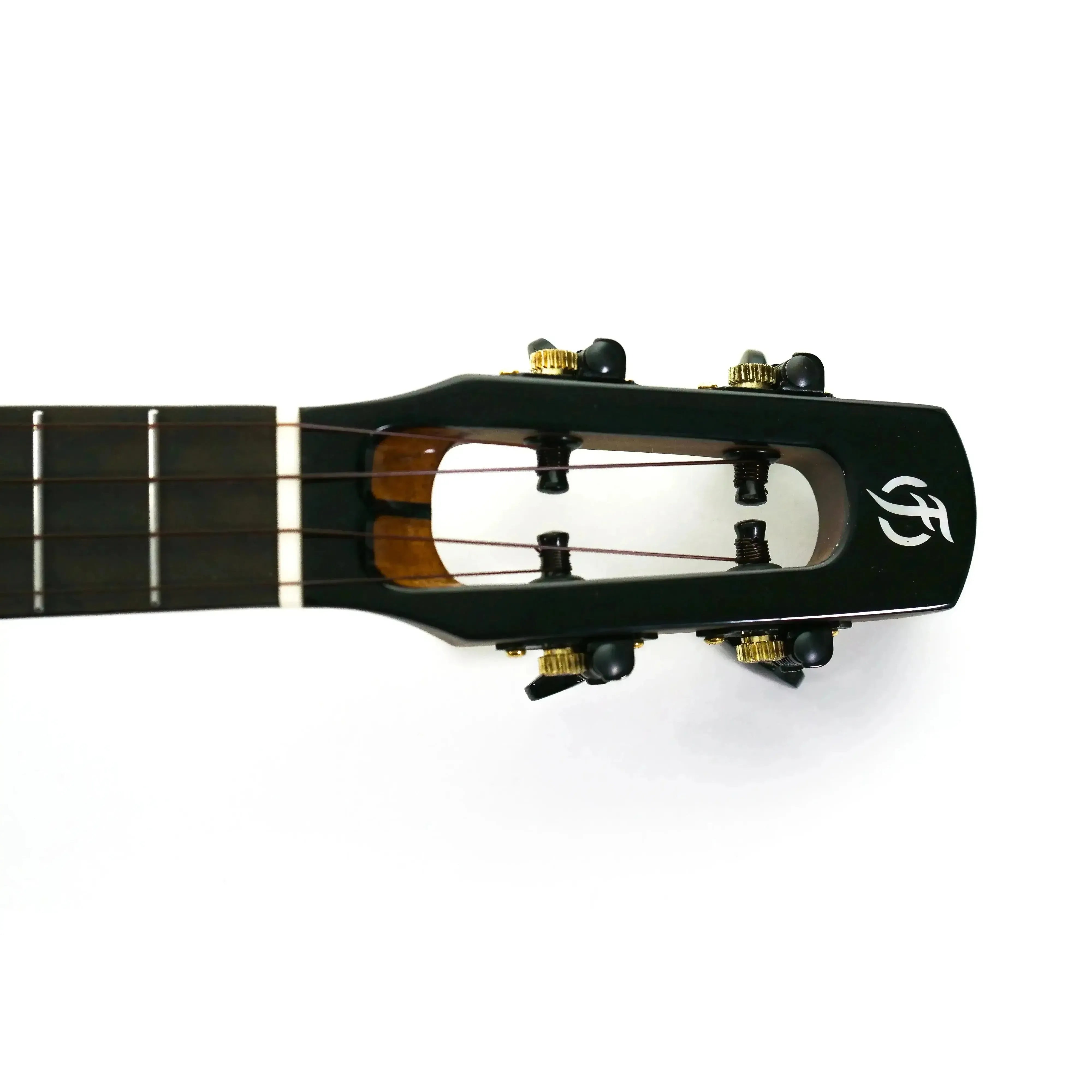 Flight Peter Moss Signature Concert Ukulele headstock with black finish, gold tuners, and white Flight logo.