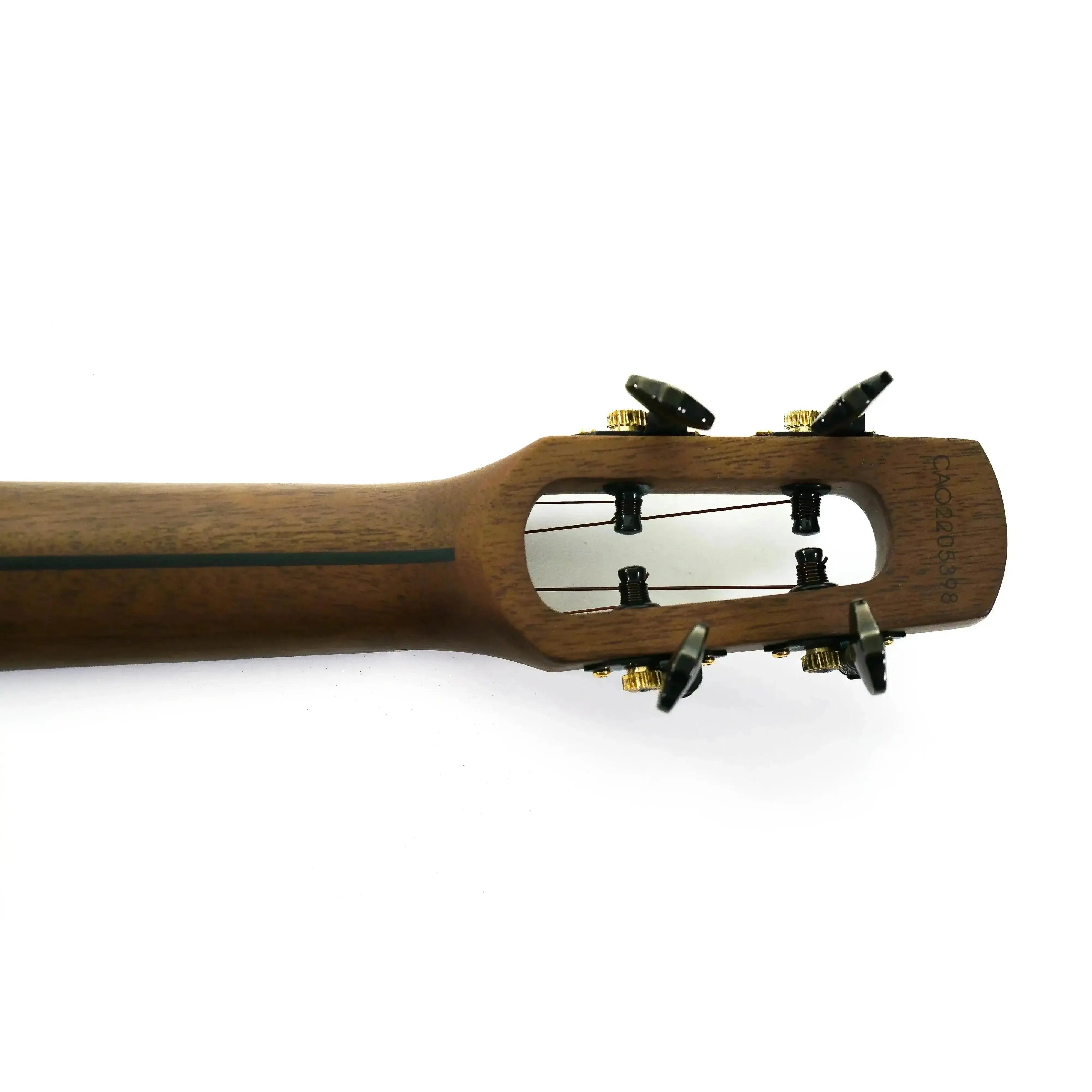 Flight Peter Moss Signature Concert Ukulele headstock with dark wood, gold tuners, and open design.