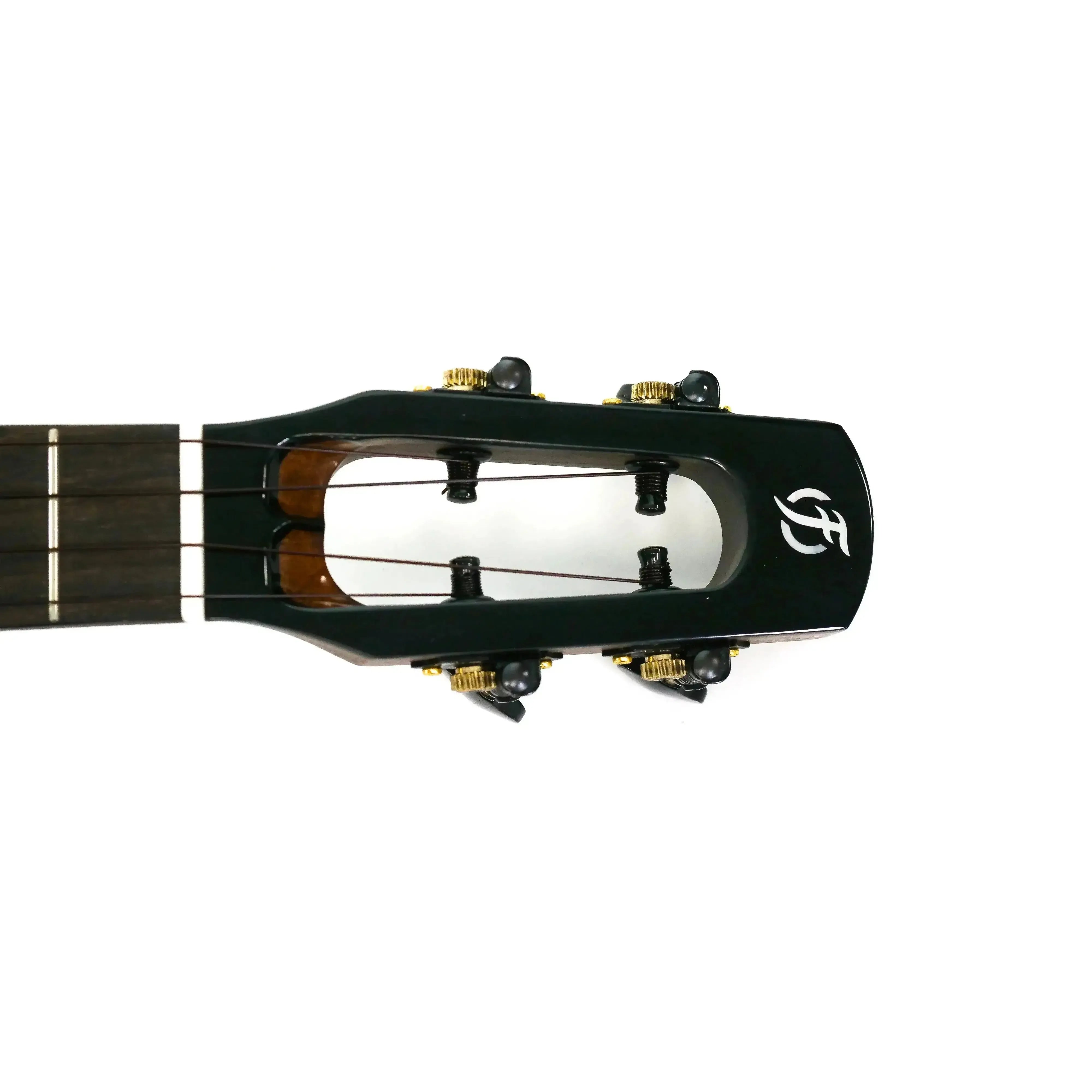 Flight Peter Moss Tenor Ukulele headstock with Moonburst Stain finish, gold tuners, and white Flight logo.