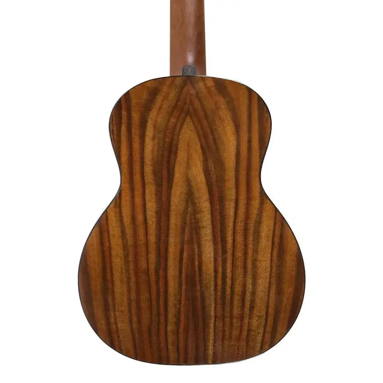 Back of a Flight Phantom EQ-A Tenor Ukulele, showcasing its warm-toned solid acacia wood grain.