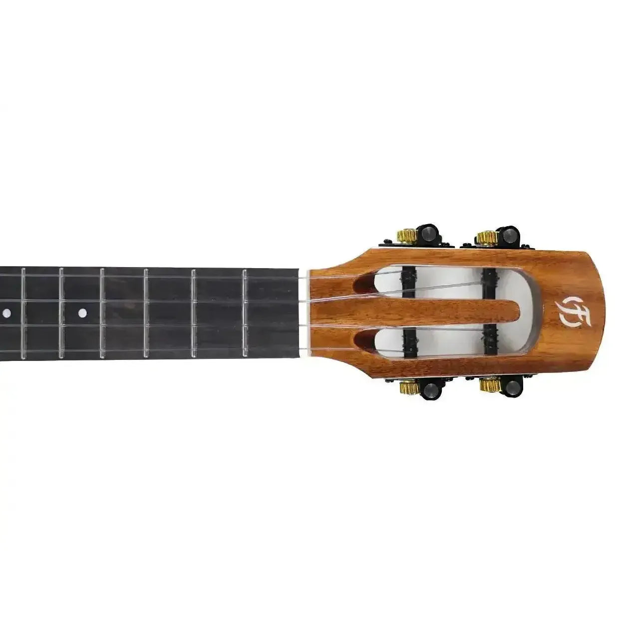 Flight Phantom EQ-A tenor ukulele headstock and fretboard, showing solid acacia wood and unique design.