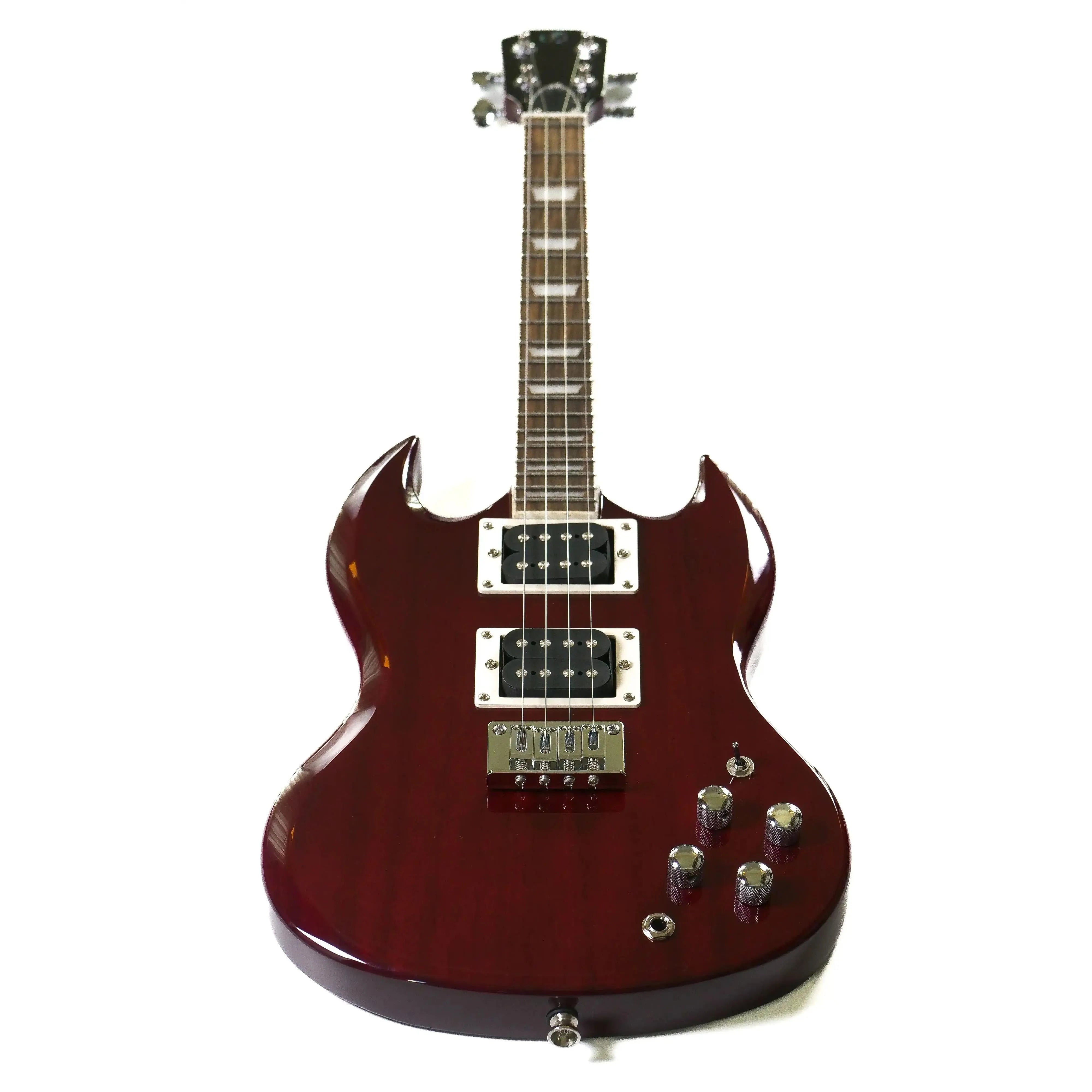 Flight Pioneer CR cherry red electric tenor ukulele with humbuckers and chrome hardware.