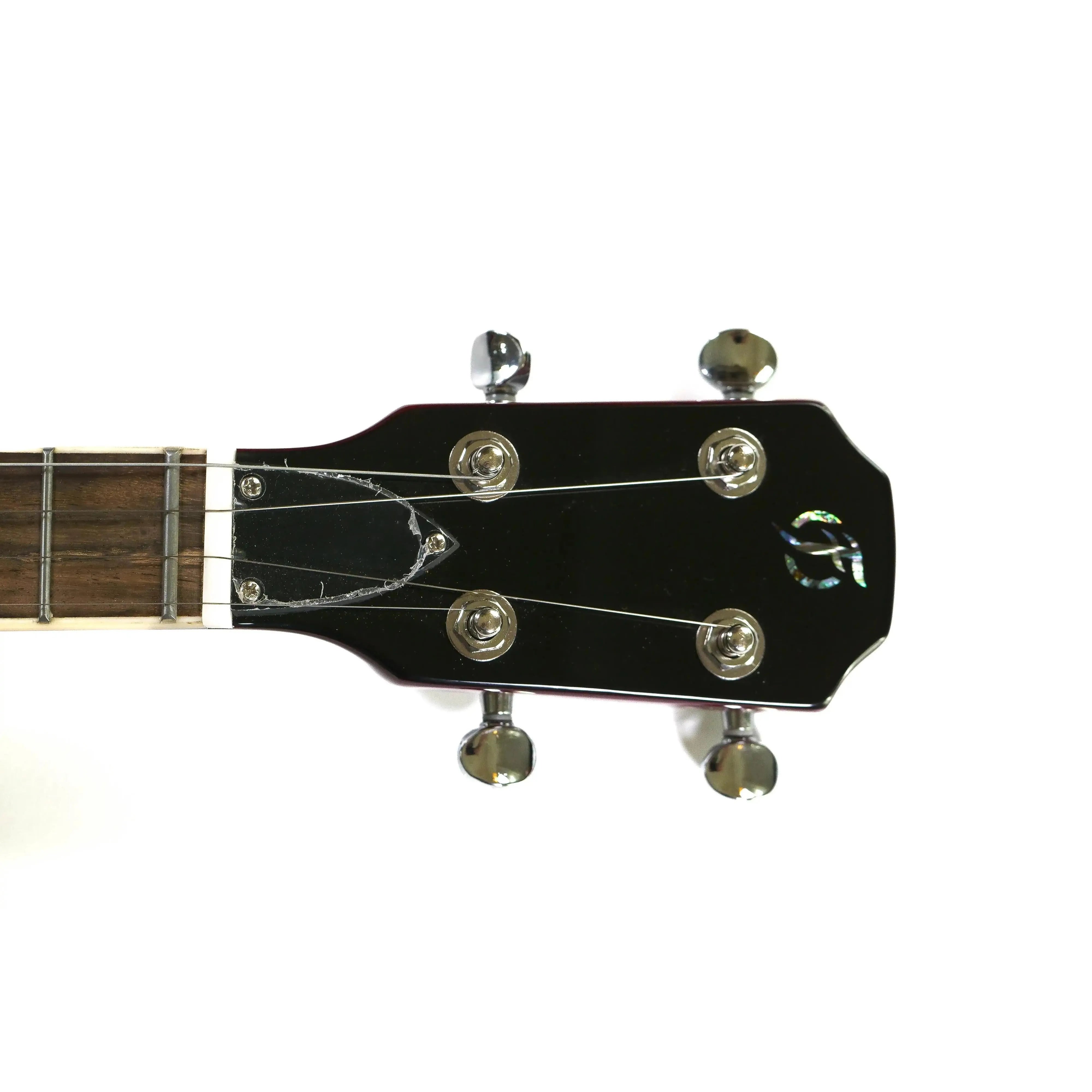 Flight Pioneer CR electric tenor ukulele headstock with black veneer and chrome tuners.