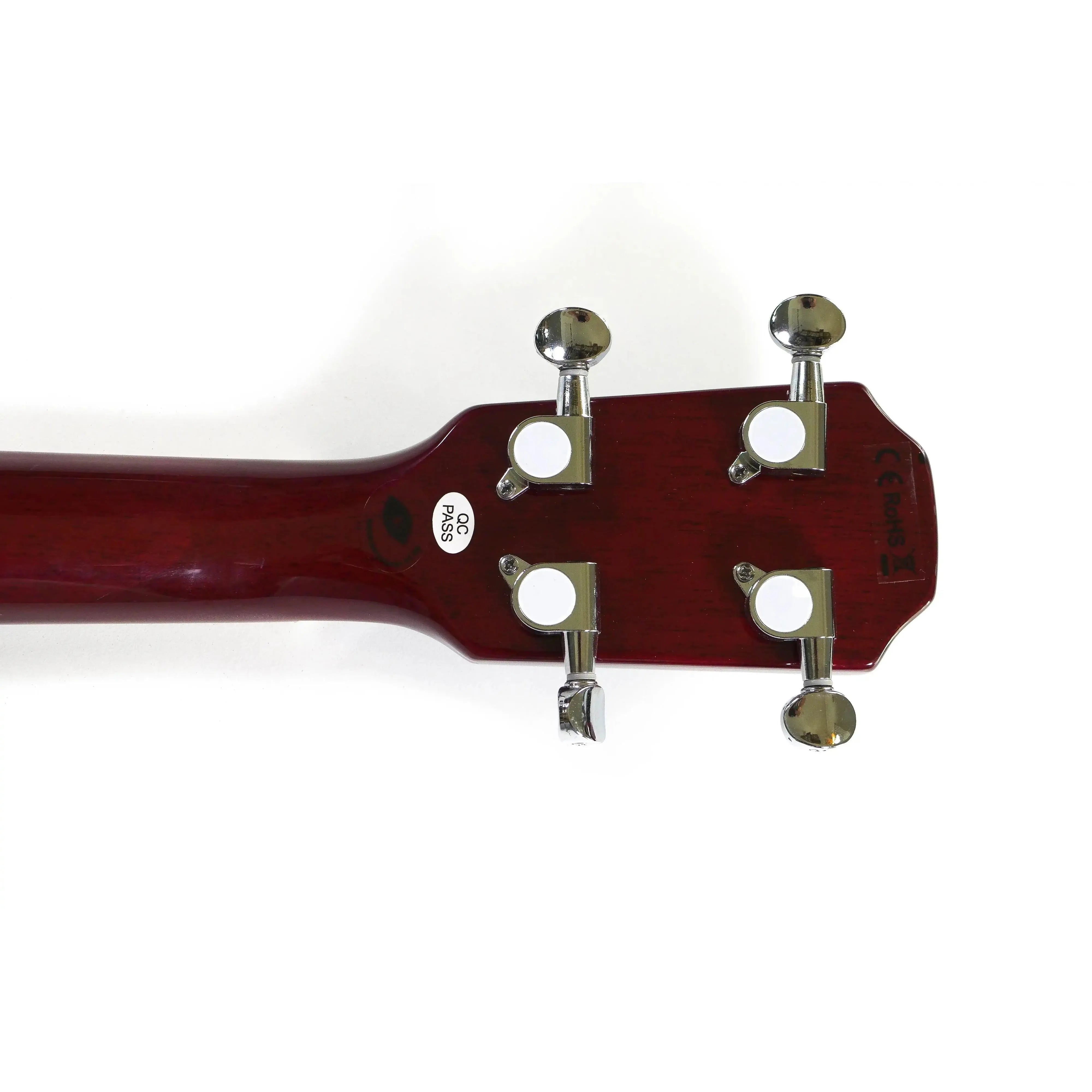 Back of a Flight Pioneer CR Cherry Red electric tenor ukulele headstock with chrome tuners.