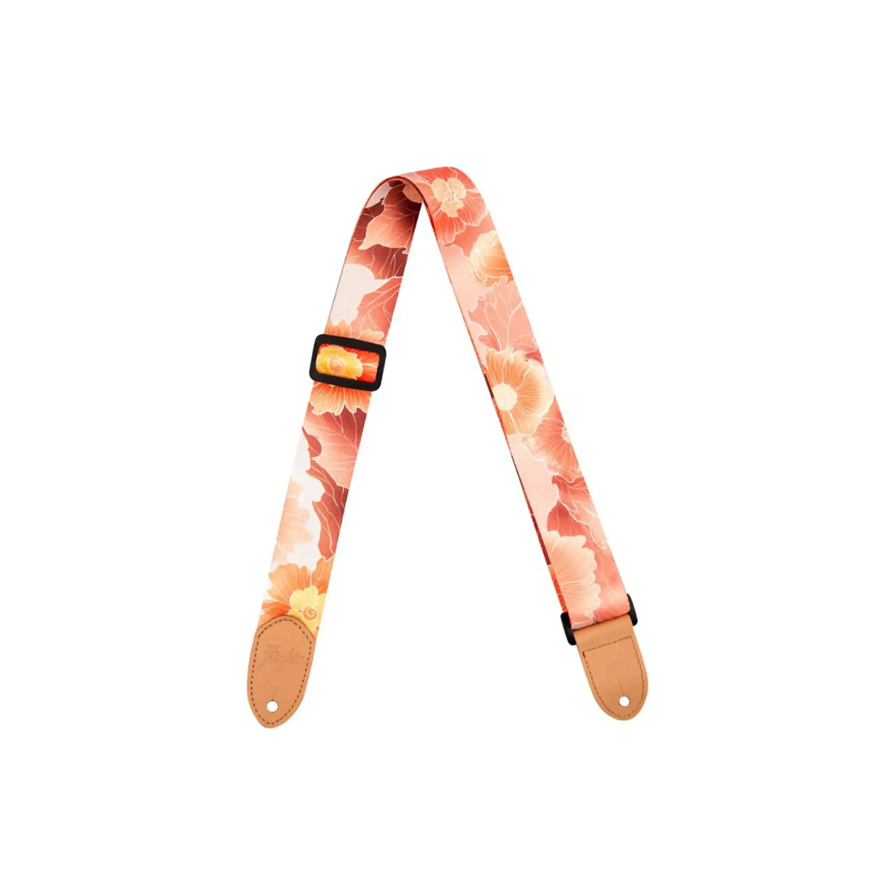 Flight S35 Flower polyester ukulele strap with orange and pink floral design, adjustable buckle, and leather ends.