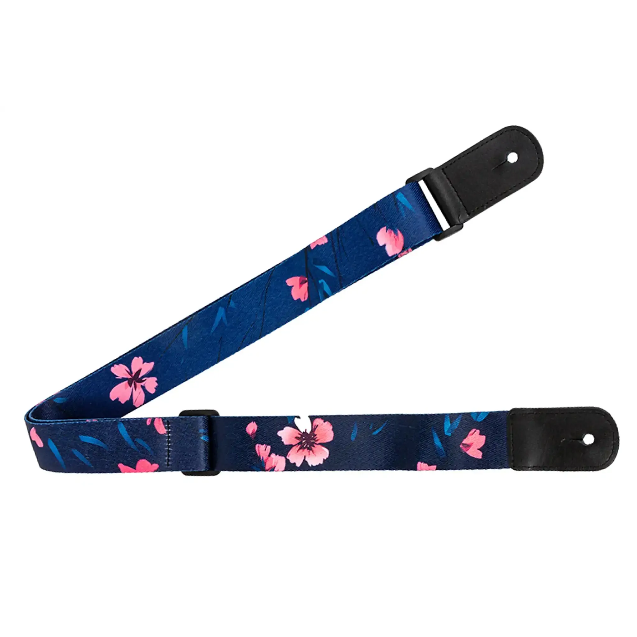 Flight S35 Sakura polyester ukulele strap, 1.5" wide, with pink cherry blossoms on a dark blue background and black leather ends.