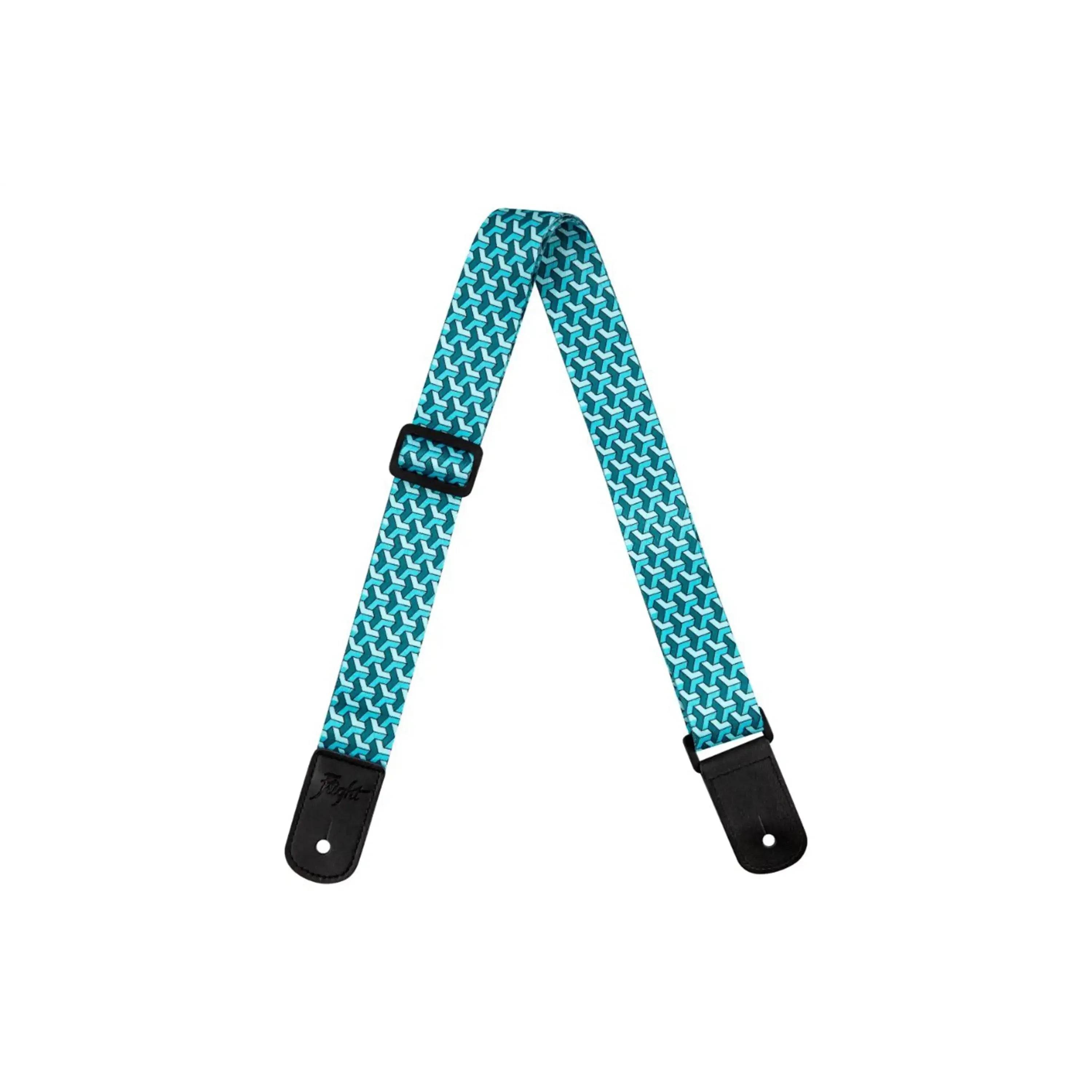 Flight S35 Trail Blue polyester ukulele strap with geometric pattern, black leather ends, and adjuster.