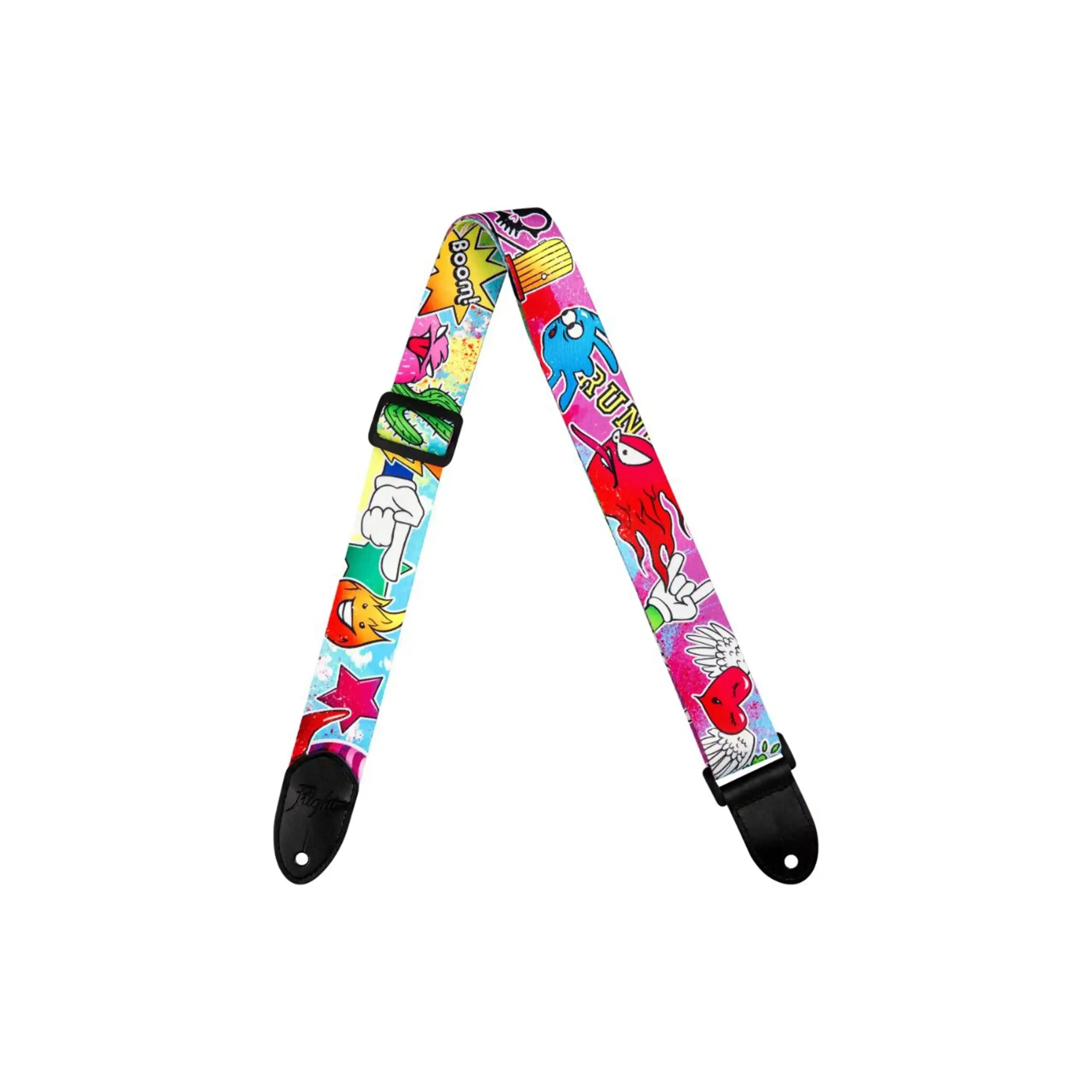 Flight S35 Wow polyester ukulele strap with vibrant, eccentric cartoon graphics and black leather ends.