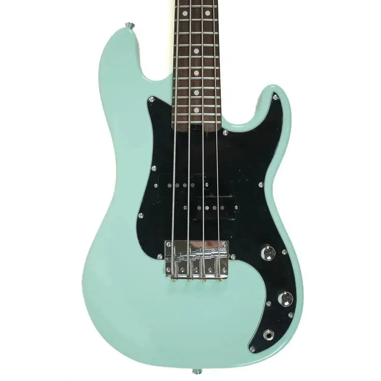 Flight SFG Sea Foam Green Short Scale Electric Lite Mini Bass with black pickguard.