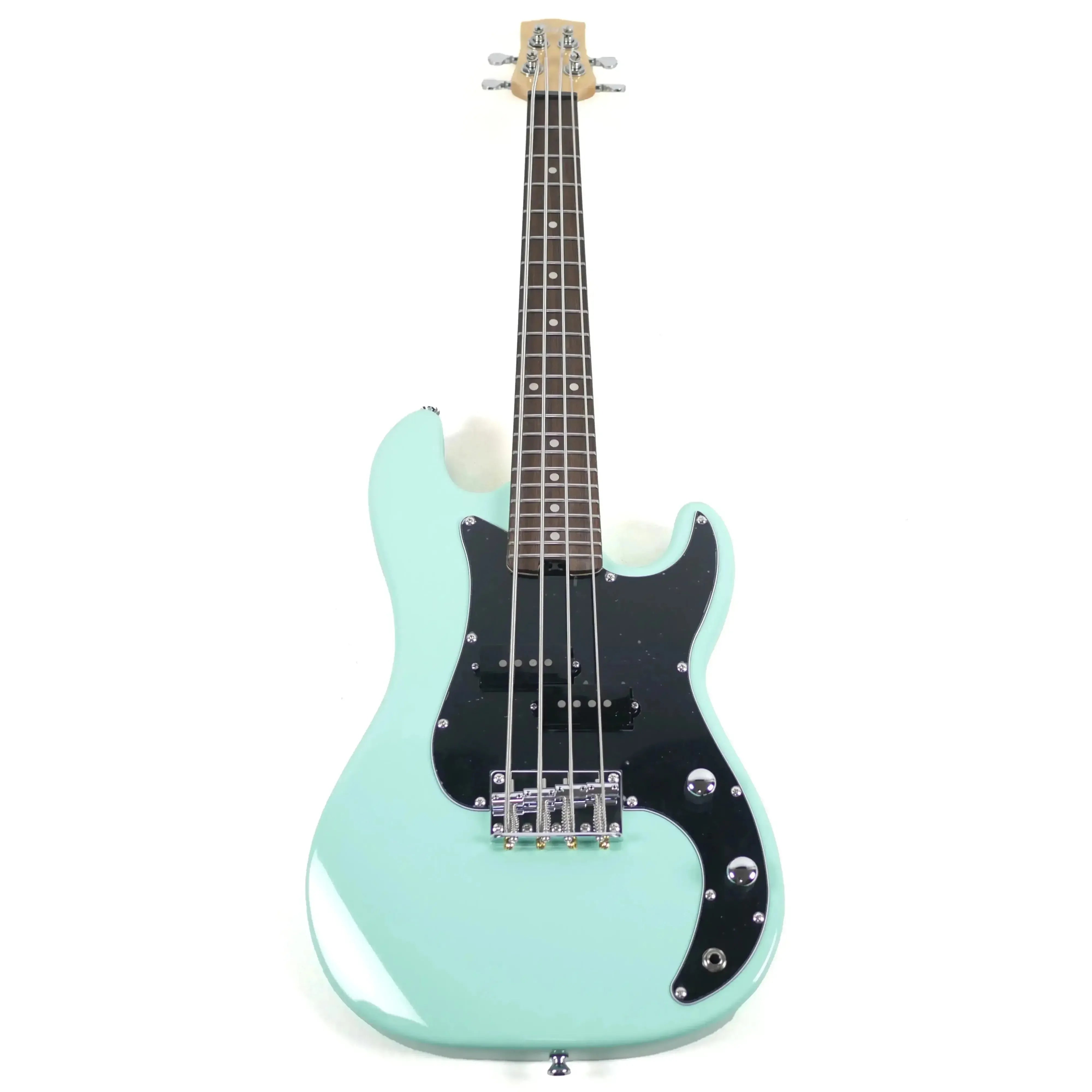 Flight SFG Sea Foam Green Short Scale Electric Lite Mini Bass with black pickguard.