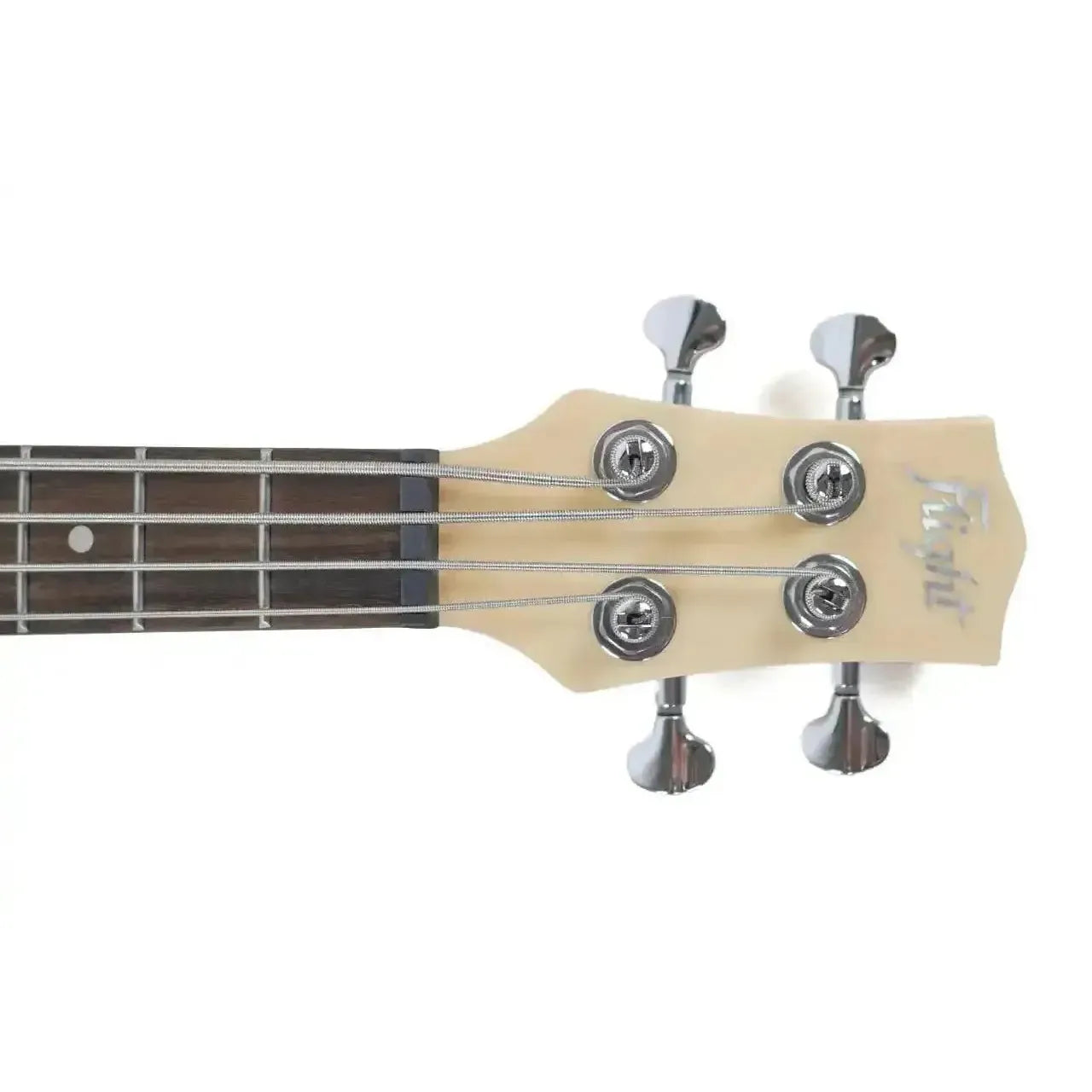 Flight SFG Electric Lite Mini Bass headstock with chrome tuners and light wood finish.