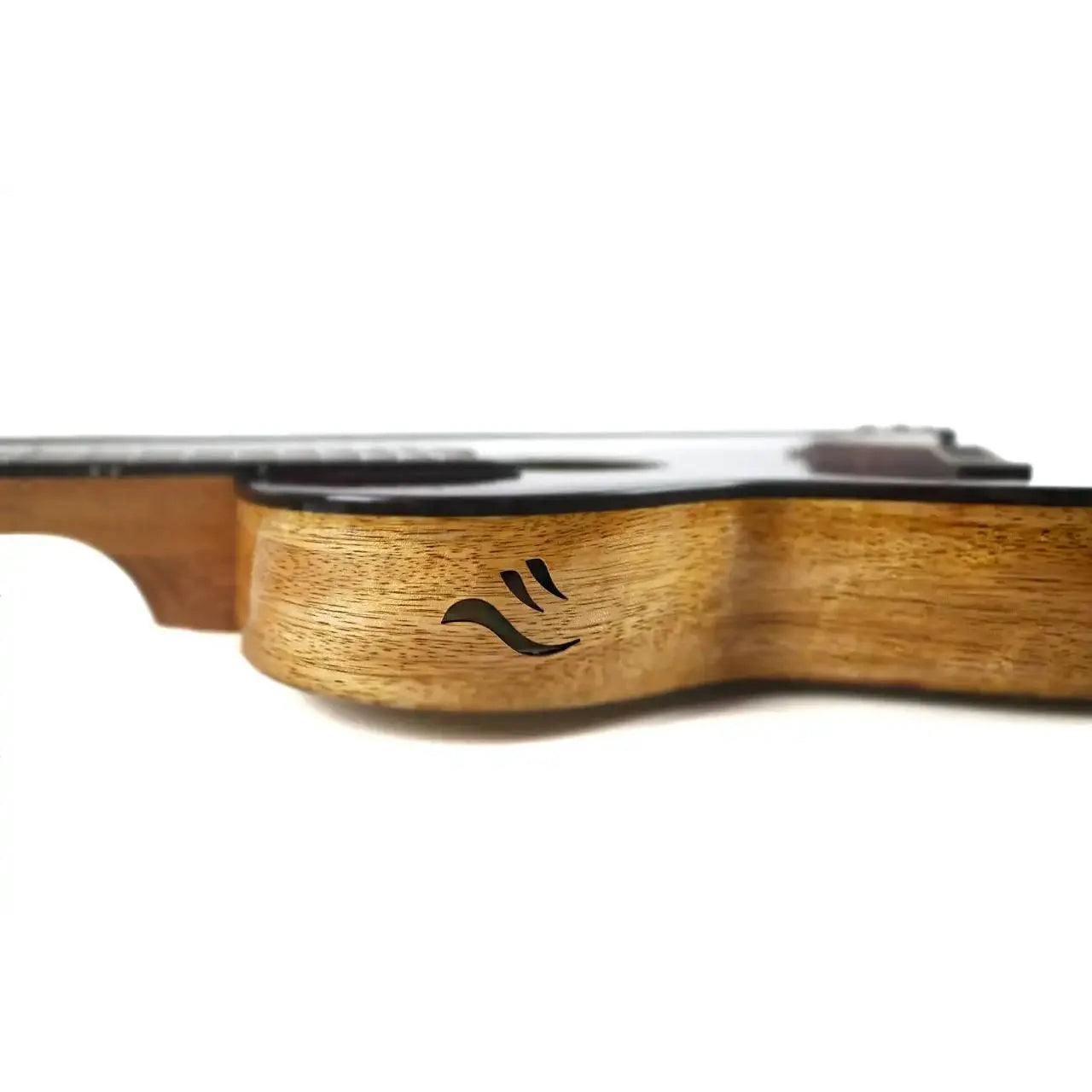 Flight Songbird TPP Transparent Purple Slimline Tenor Ukulele side view, showing wood grain and logo.