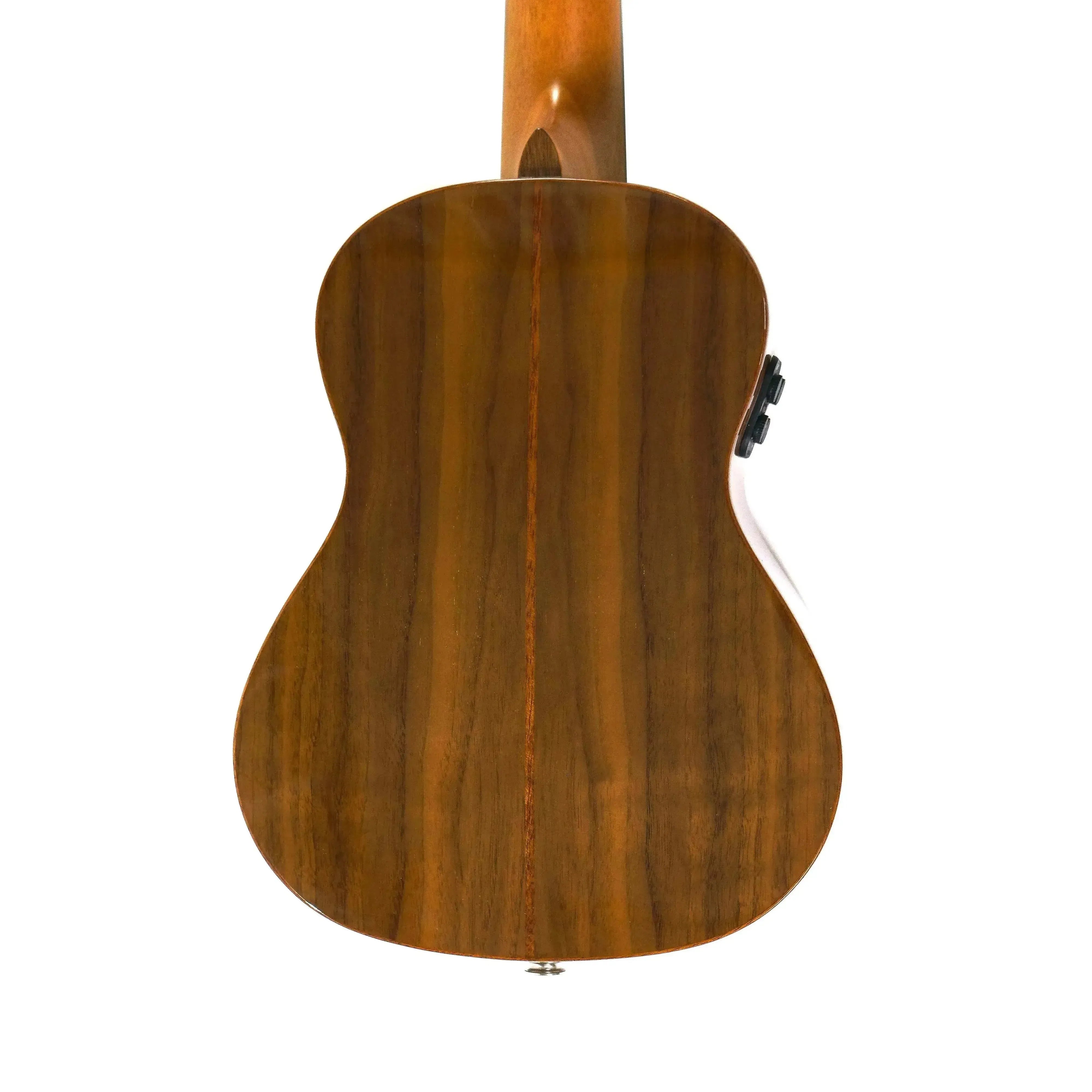 Back of Flight Sophia CE Concert Ukulele, showing walnut laminate wood grain and Soundwave pickup controls.