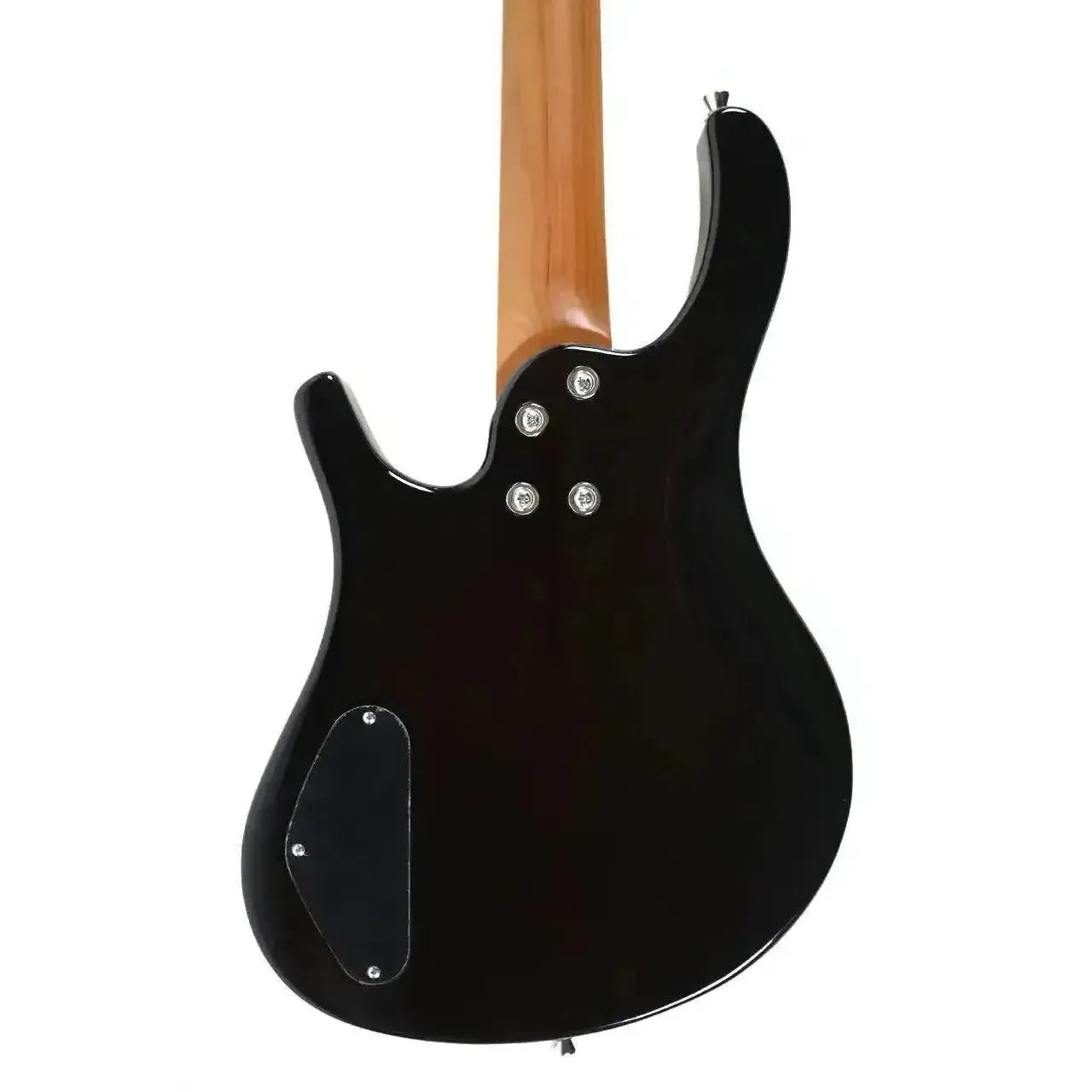 Back of a Flight TBL Transparent Blue Solid Body Mini Bass, showing its dark mahogany body and light wood neck.