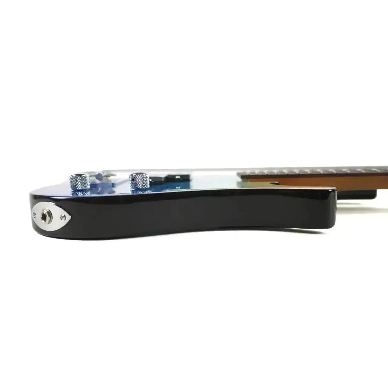 Flight TBL Transparent Blue Solid Body Mini Bass, showing the side profile with input jack and control knobs.