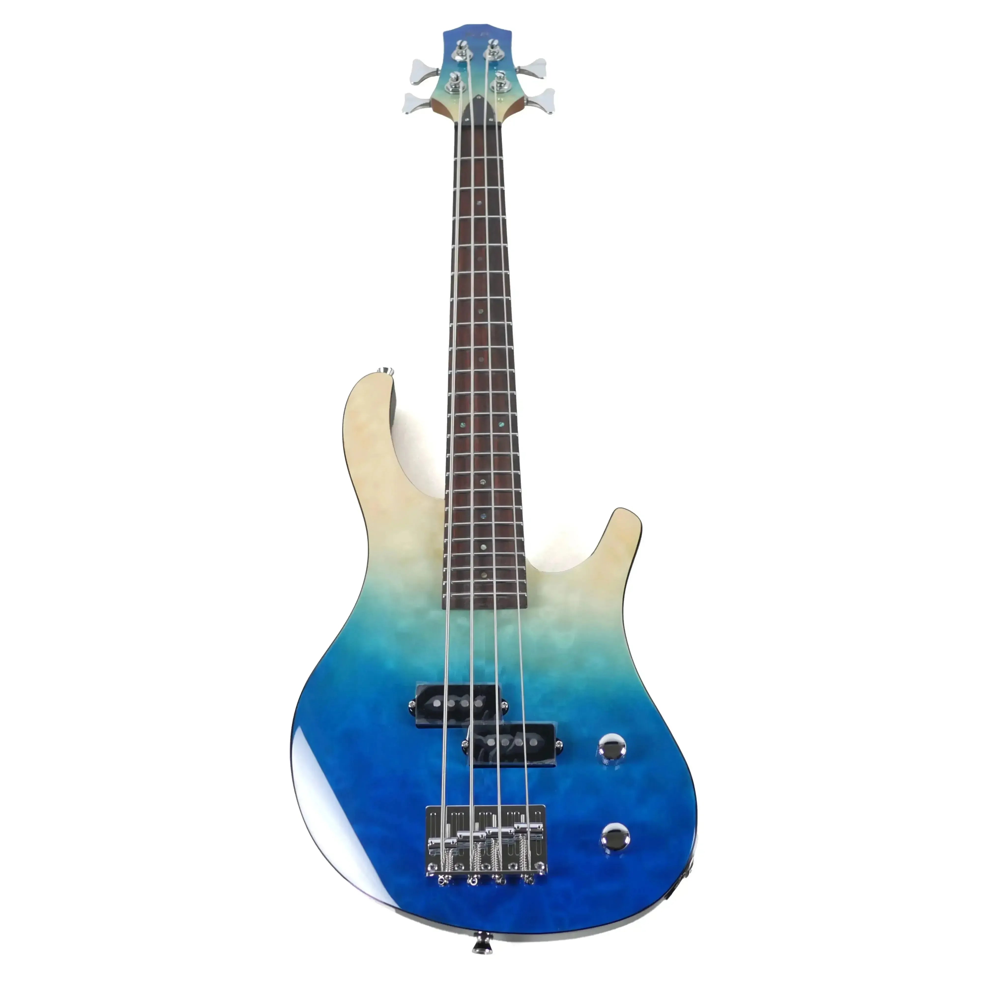 Flight TBL Transparent Blue Solid Body Mini Bass with quilted maple top, rosewood fretboard, and chrome hardware.