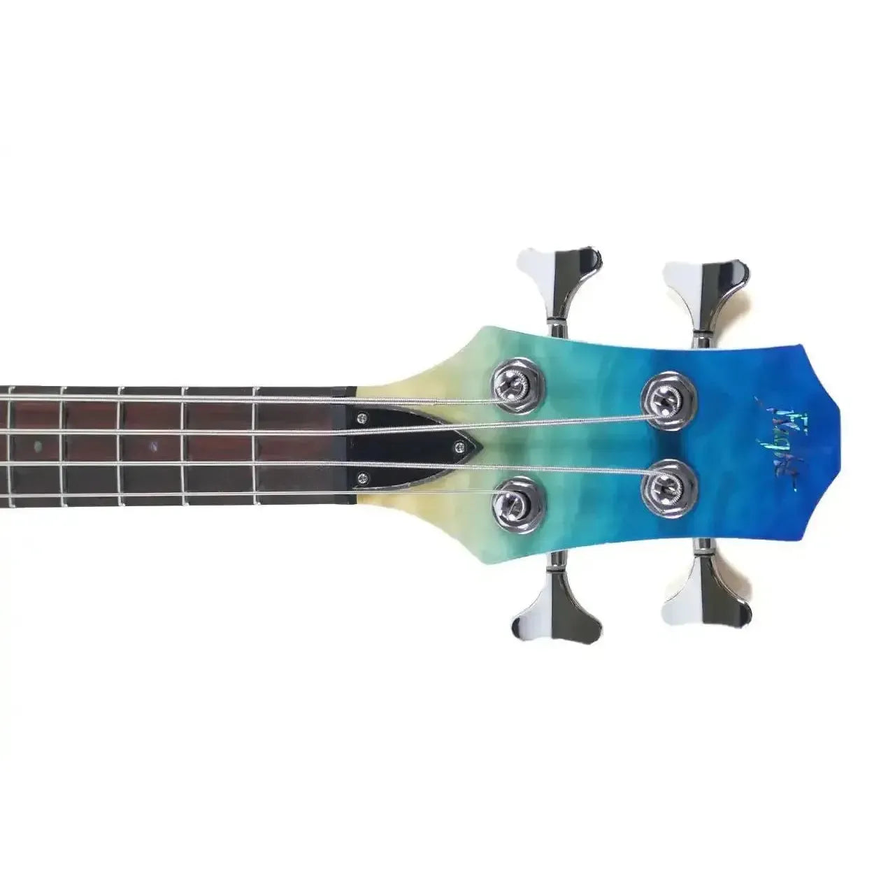 Flight TBL Transparent Blue Mini Bass headstock with chrome tuners and rosewood fretboard.