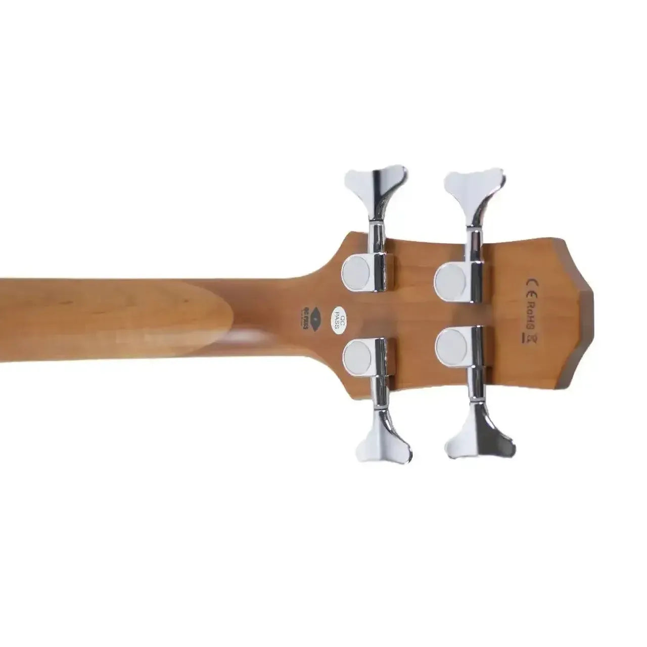 Back of a Flight TBL Transparent Blue Mini Bass headstock with four chrome closed geared tuners and a light wood neck.