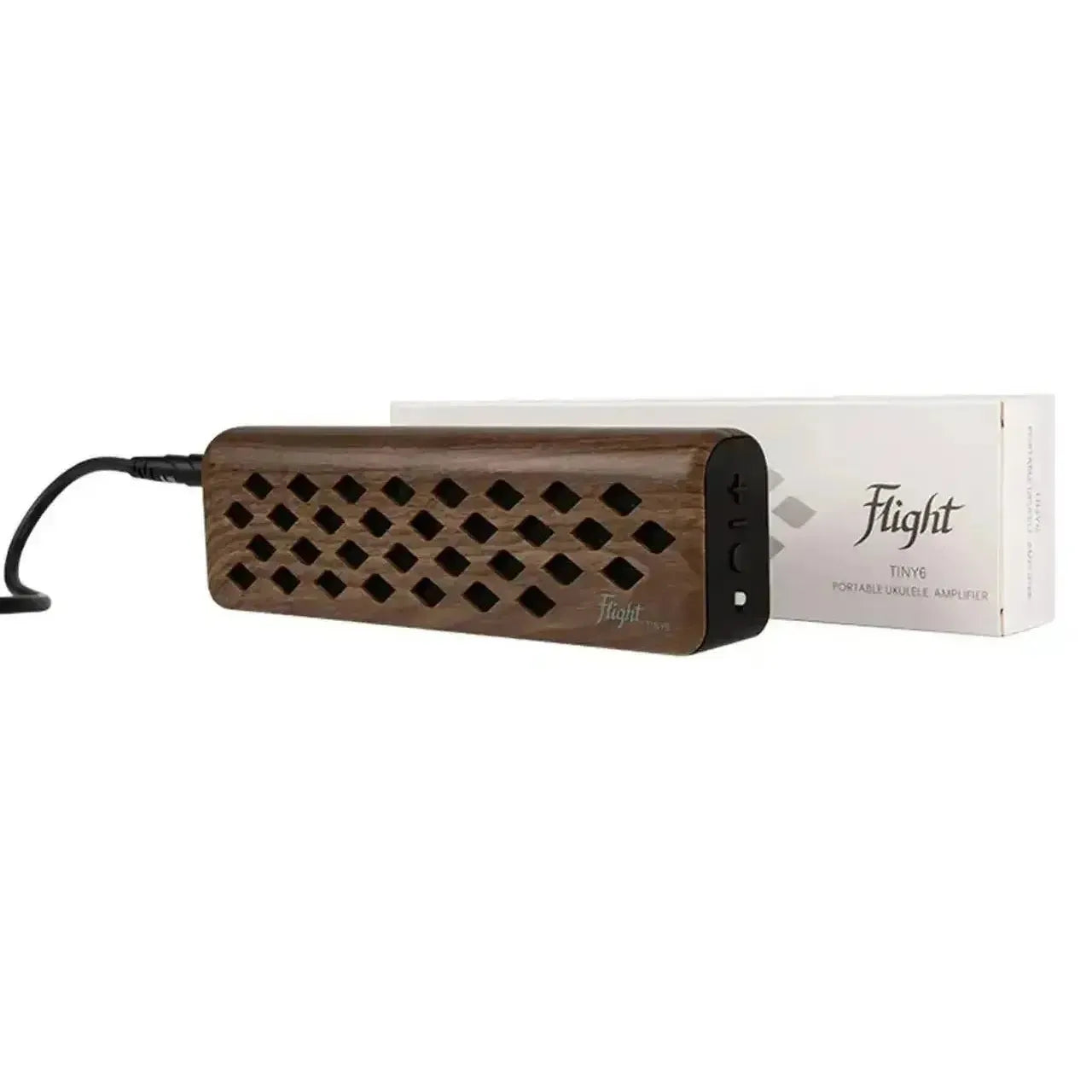 Flight TINY6 portable walnut ukulele amplifier with a black cable and white box.
