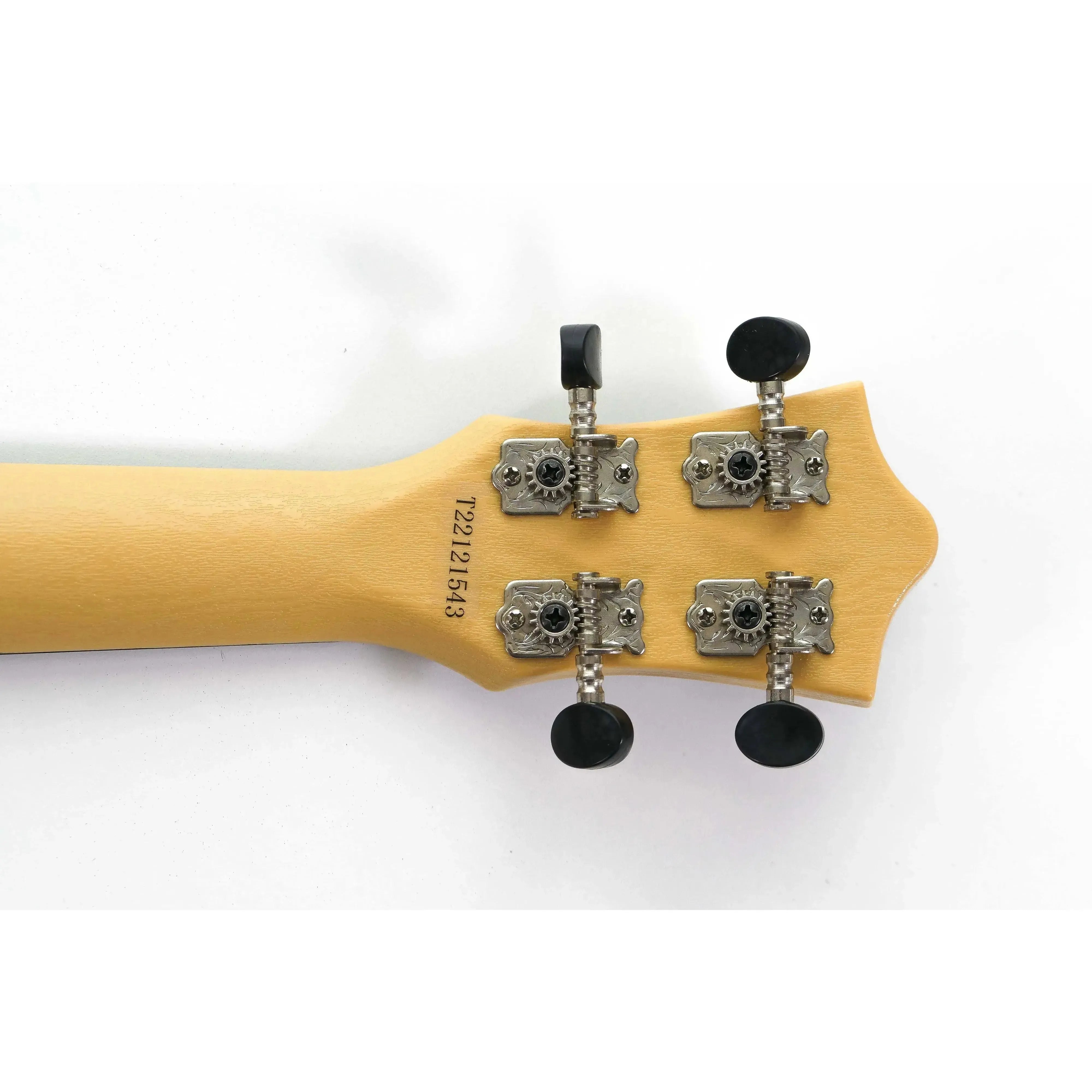 Back of Flight TUS32 Sakura soprano ukulele headstock with four silver tuners and light wood neck.