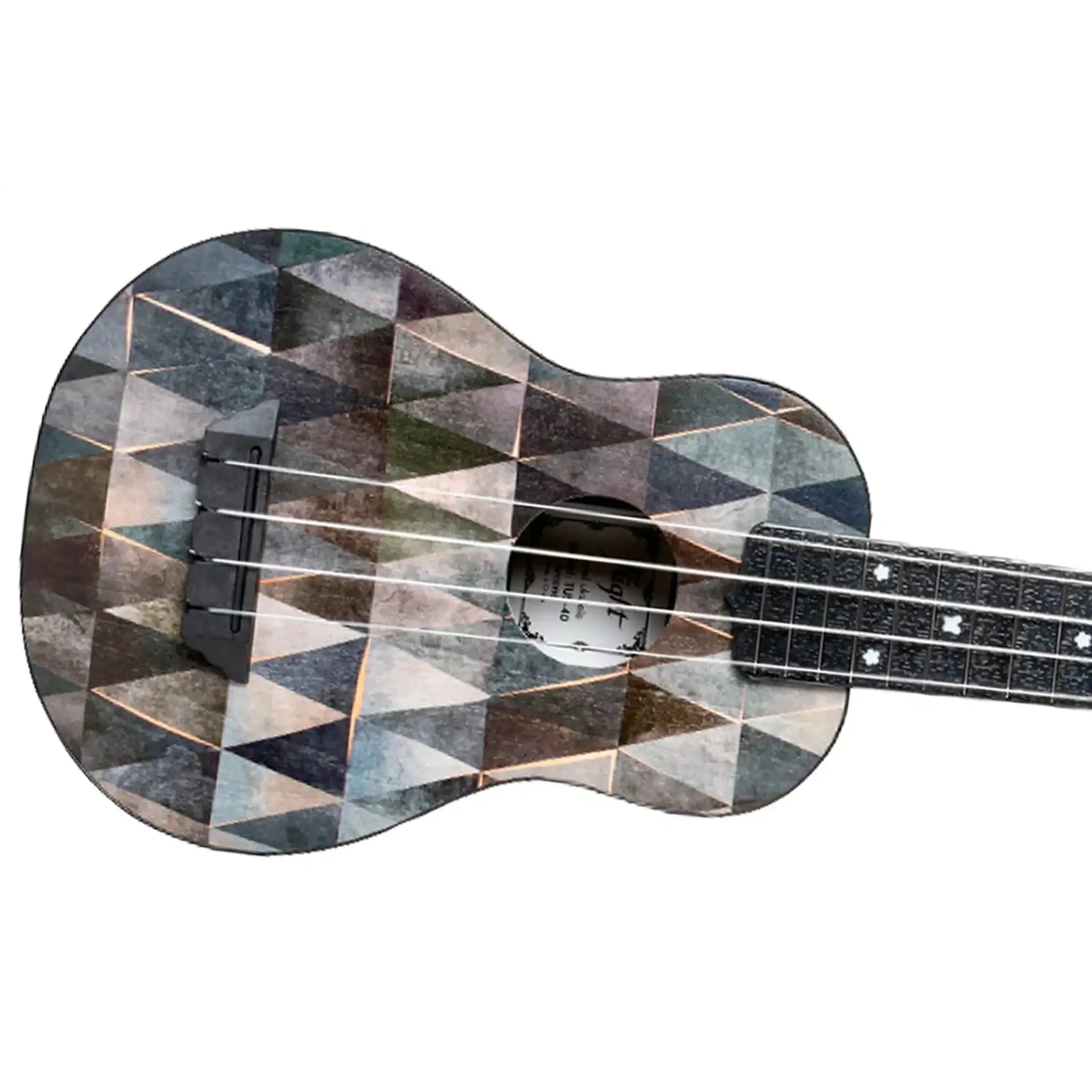 Flight TUS40 Arcana Soprano Travel Ukulele with a dark geometric triangle pattern and white strings.