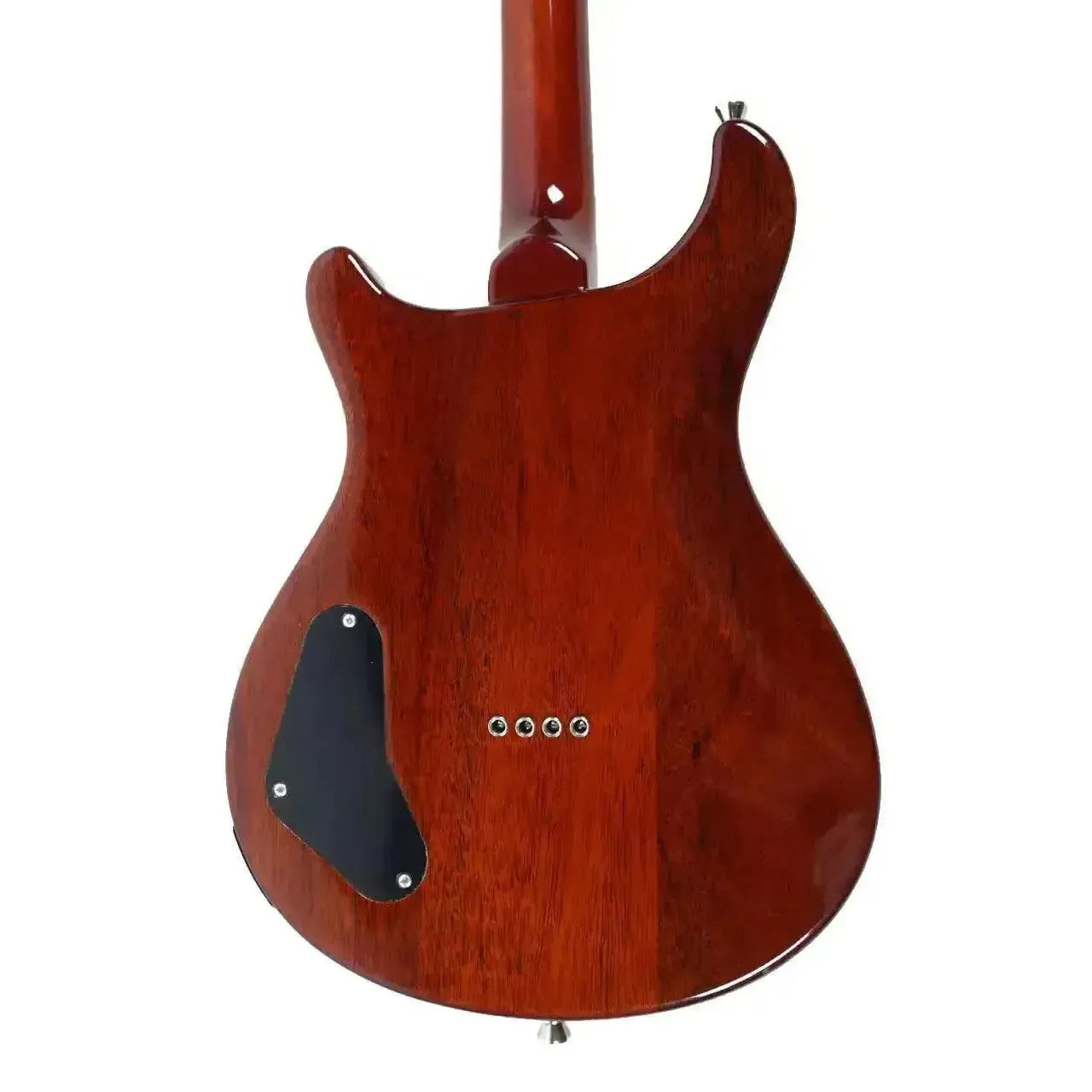 Back of a Flight Vanguard TBK electric tenor ukulele, transparent black mahogany body.
