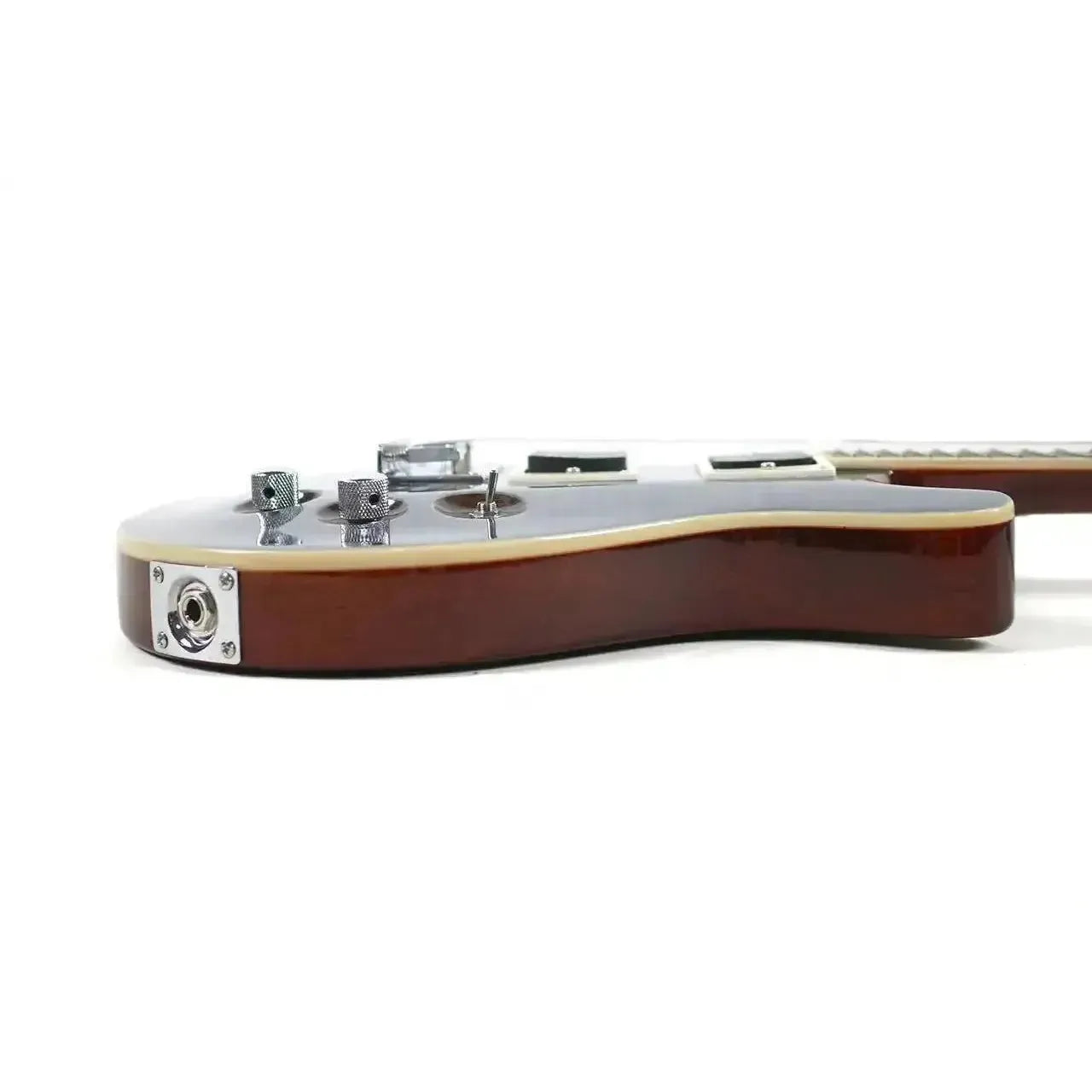 Side view of Flight Vanguard TBK Electric Tenor Ukulele body with transparent black finish and chrome hardware.