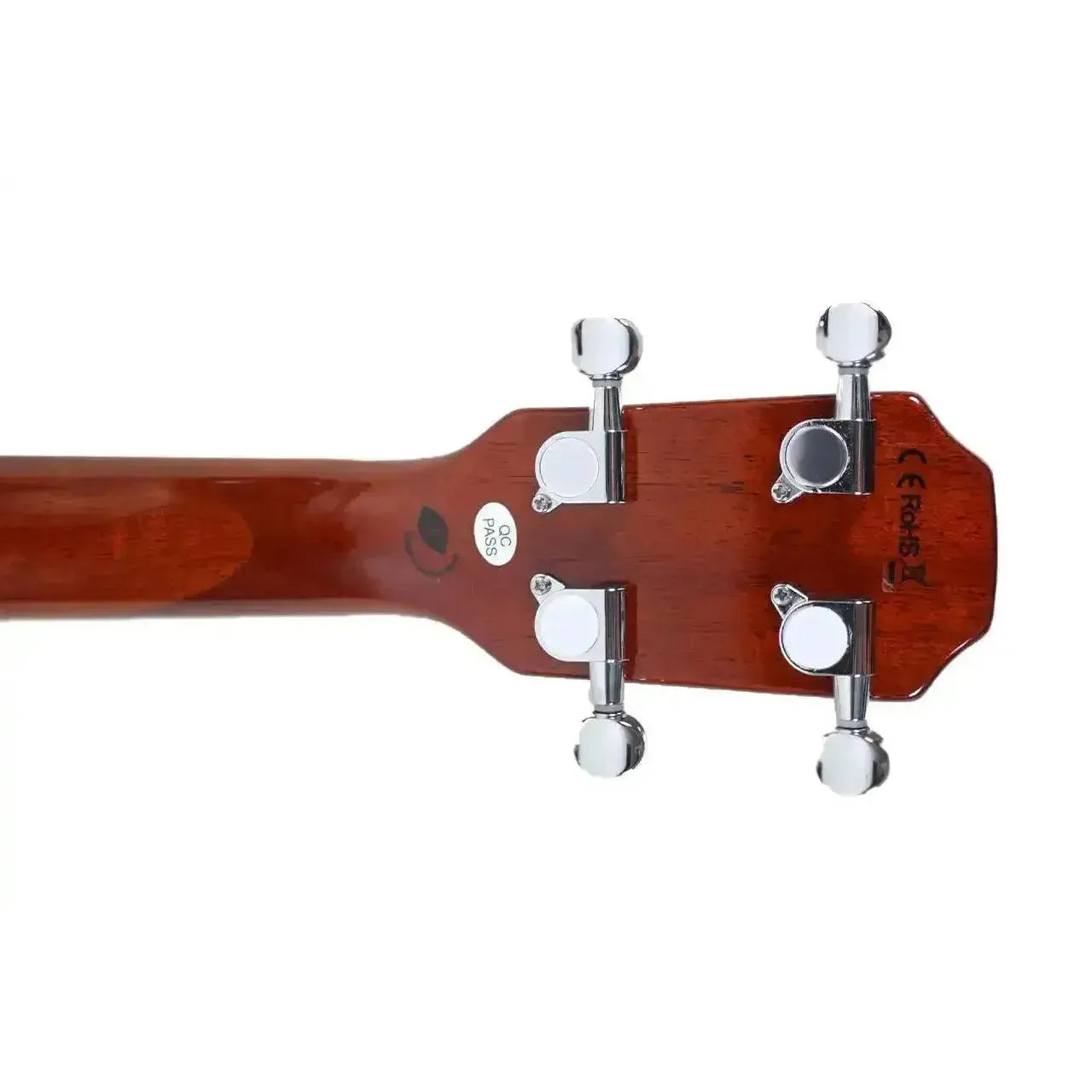 Back of Flight Vanguard TBK electric tenor ukulele headstock with chrome tuners and mahogany neck.