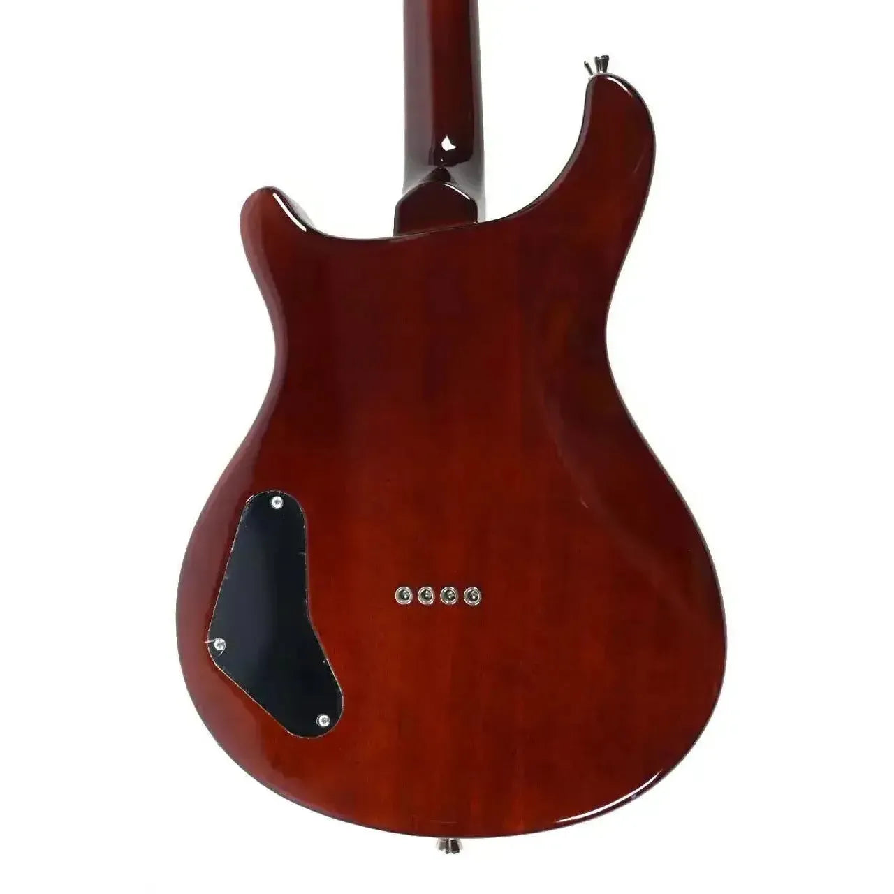 Back of a Flight Vanguard TPP Transparent Purple electric tenor ukulele, showing mahogany body and black control plate.