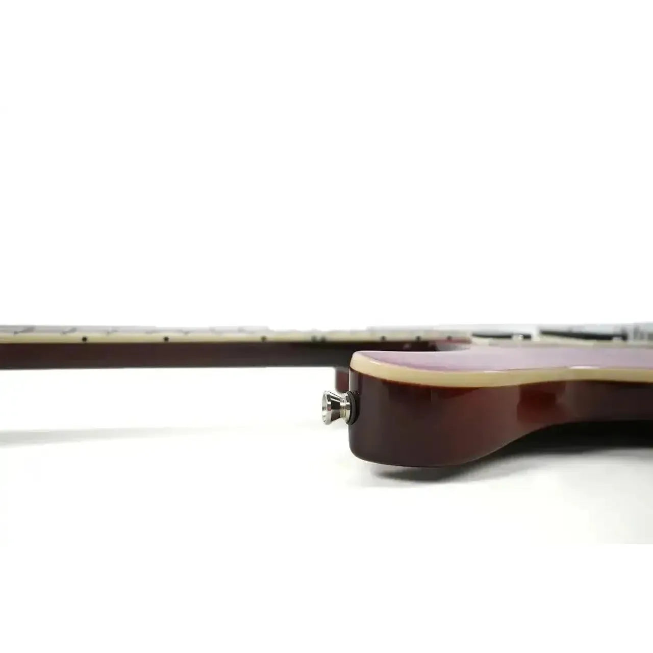 Side view of Flight Vanguard TPP transparent purple electric tenor ukulele body and neck.