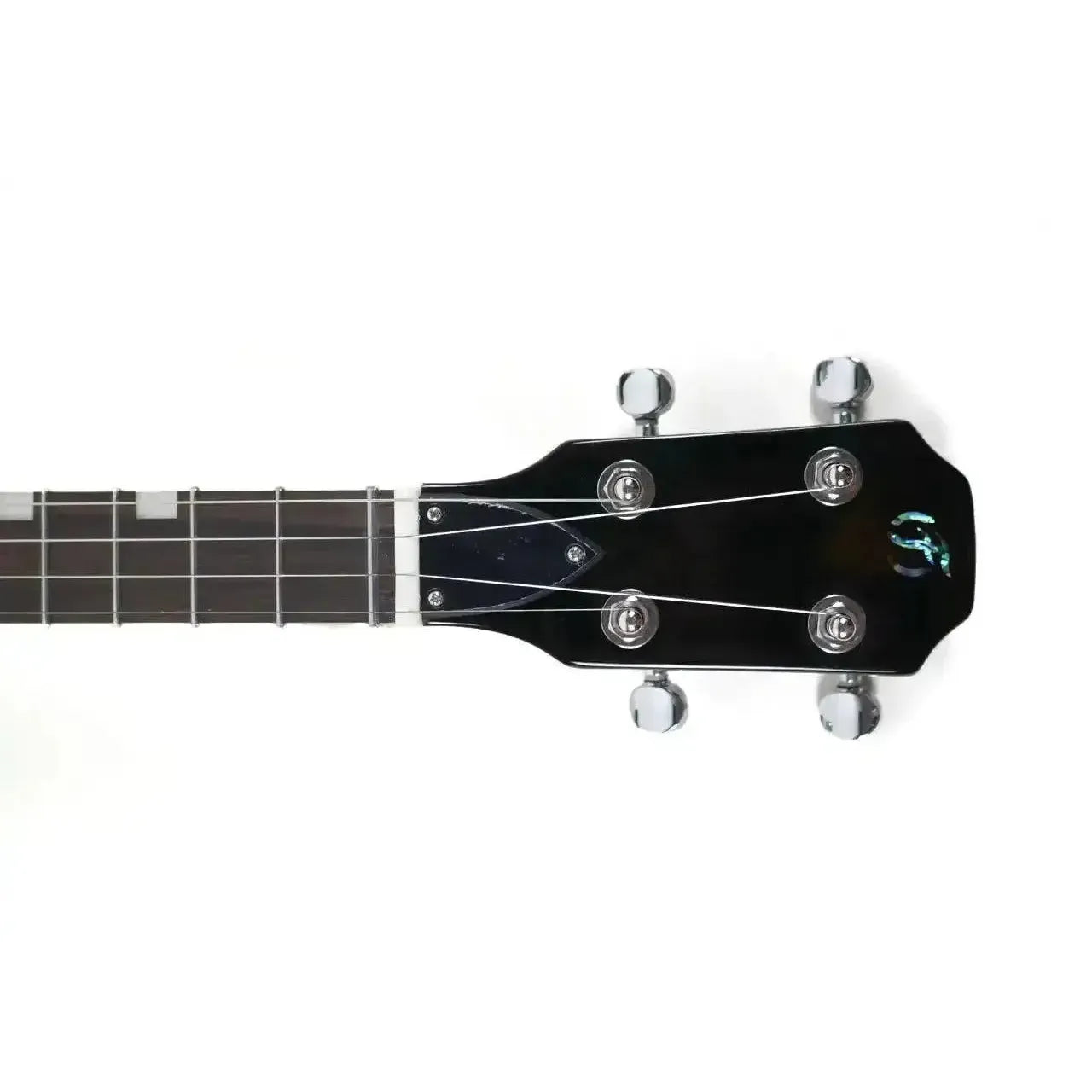 Flight Vanguard TPP electric tenor ukulele headstock with black veneer, silver tuners, and rosewood fretboard.