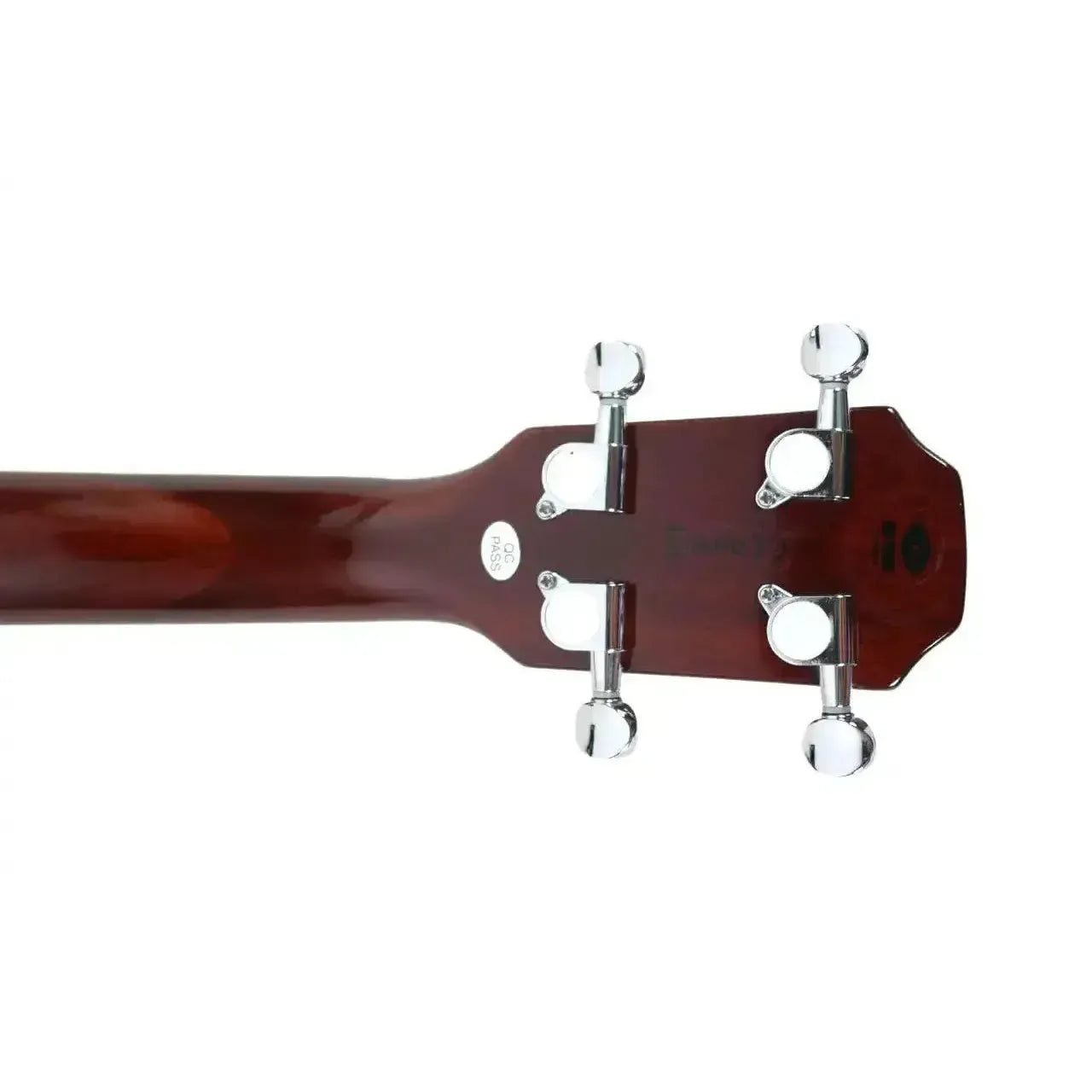 Back of Flight Vanguard TPP Transparent Purple electric tenor ukulele headstock with chrome tuners.