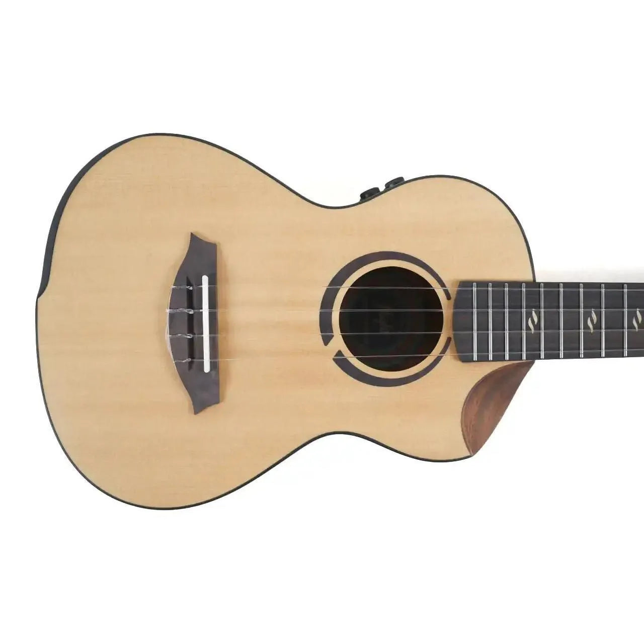 Flight Victoria Soundwave Tenor Ukulele with light Sitka spruce top, ebony bridge, and soundhole detail.